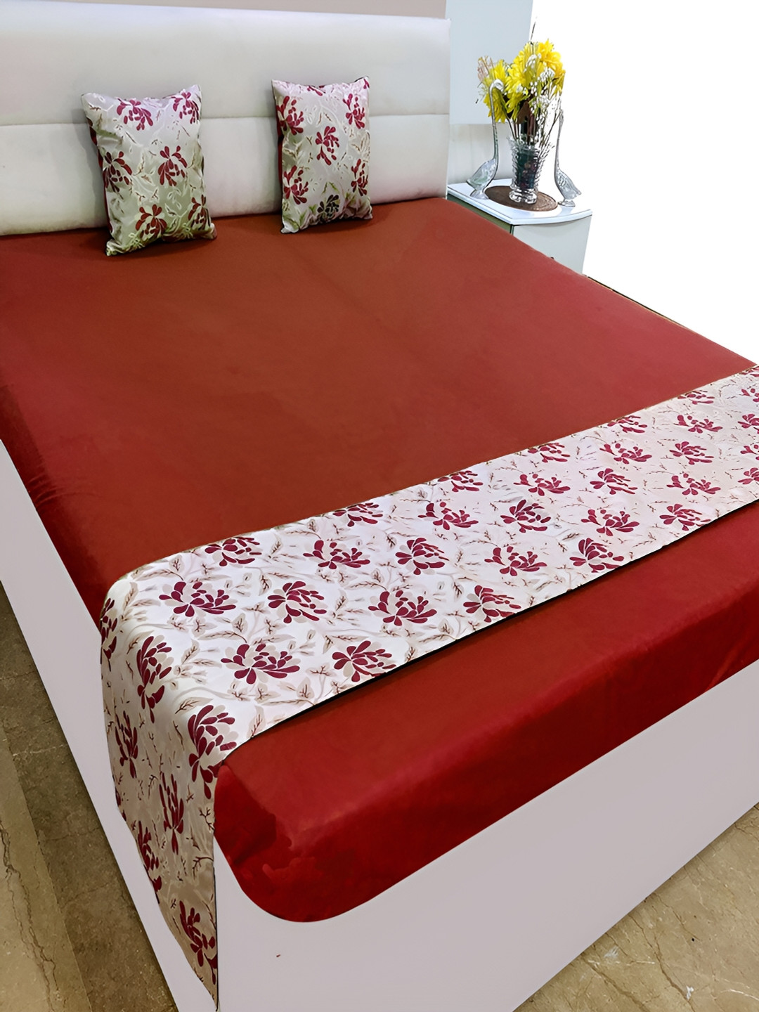 Good Vibes 3 Pieces Maroon & Grey Printed Runners & Cushion Covers