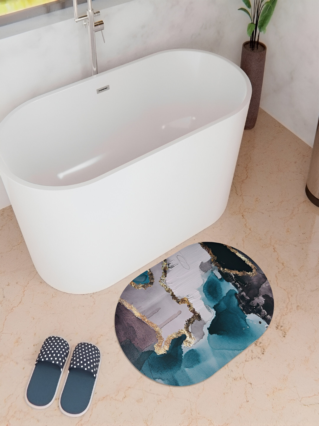 Kuber Industries Blue & Grey Abstract Printed Anti-Skid Bath Rug