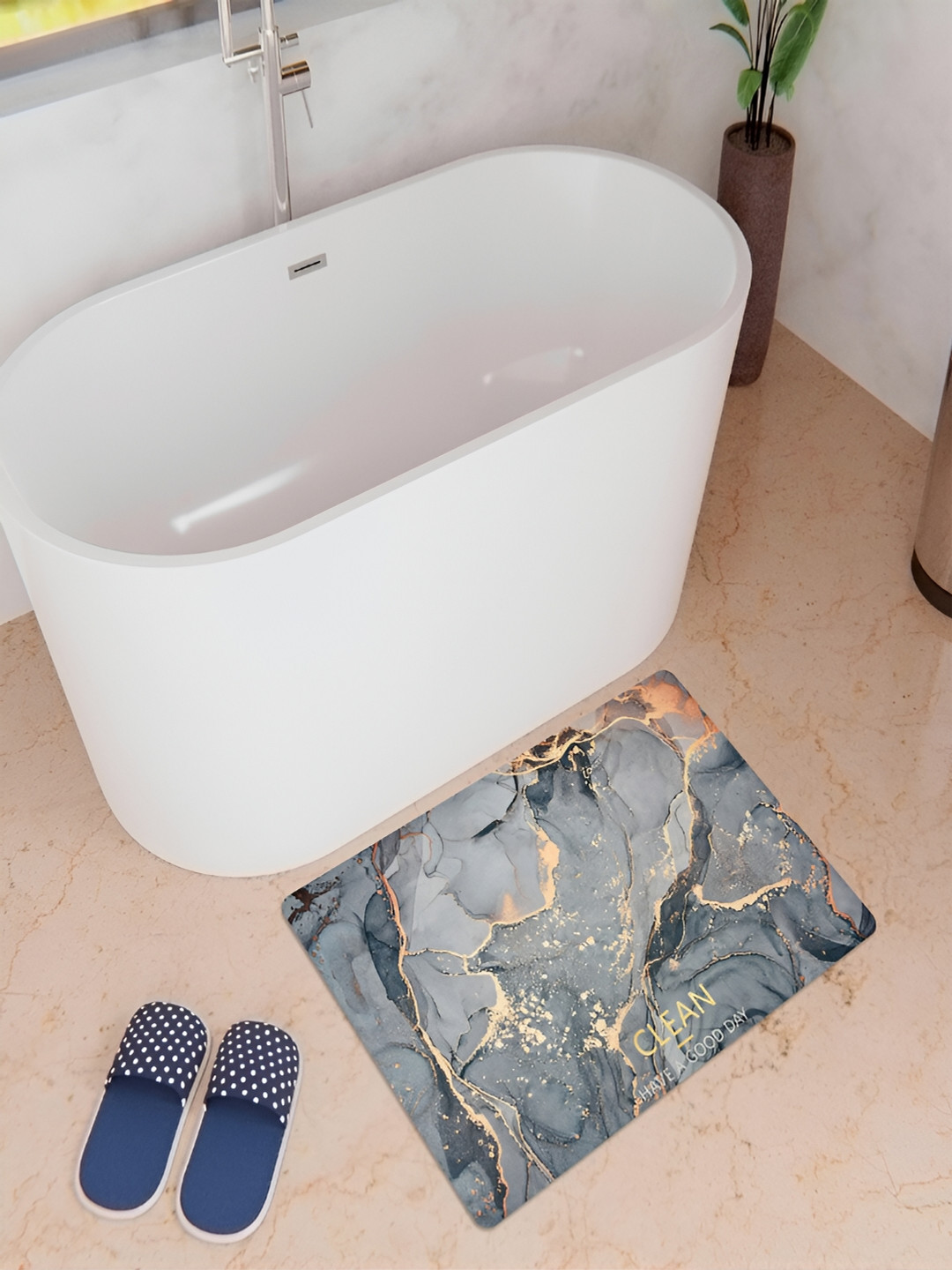 Kuber Industries Grey Abstract Printed Anti-Skid Bath Rug