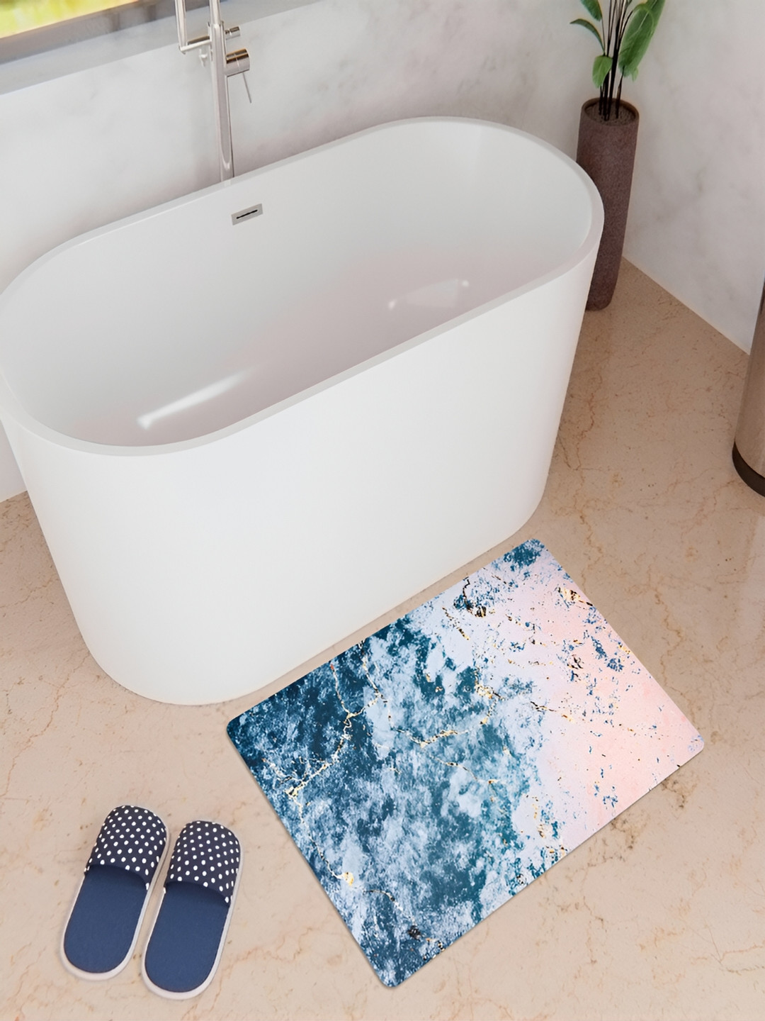 Kuber Industries Blue & Pink Abstract Printed Anti-Skid Bath Rug