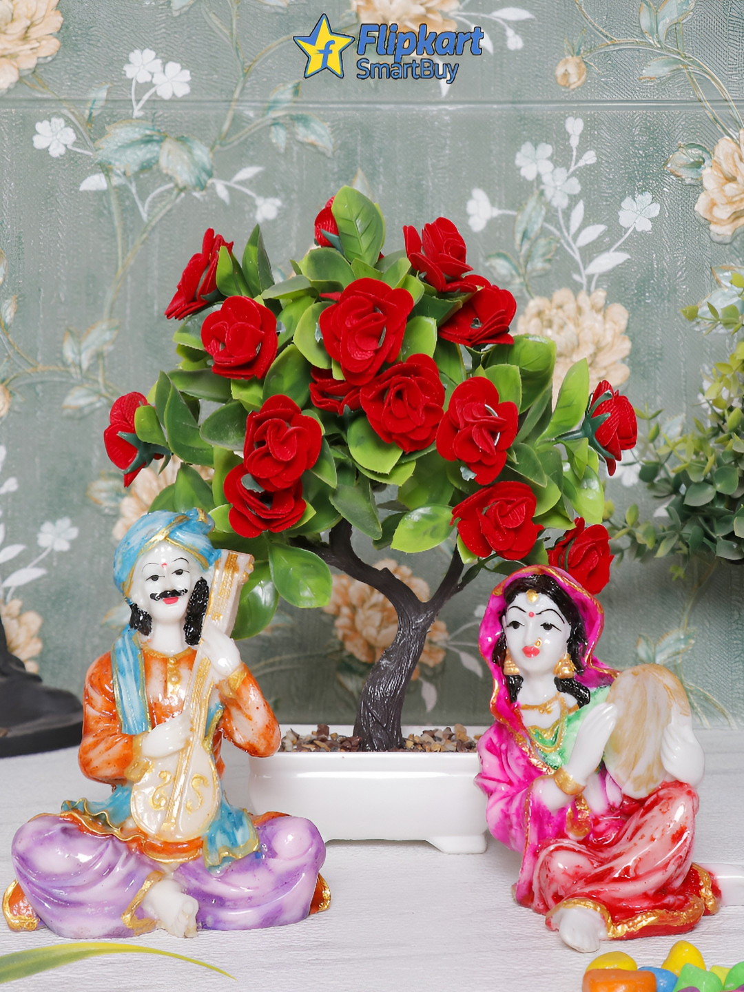 GW CREATIONS Blue & Pink 3 Pieces Figurine & Plant Showpiece