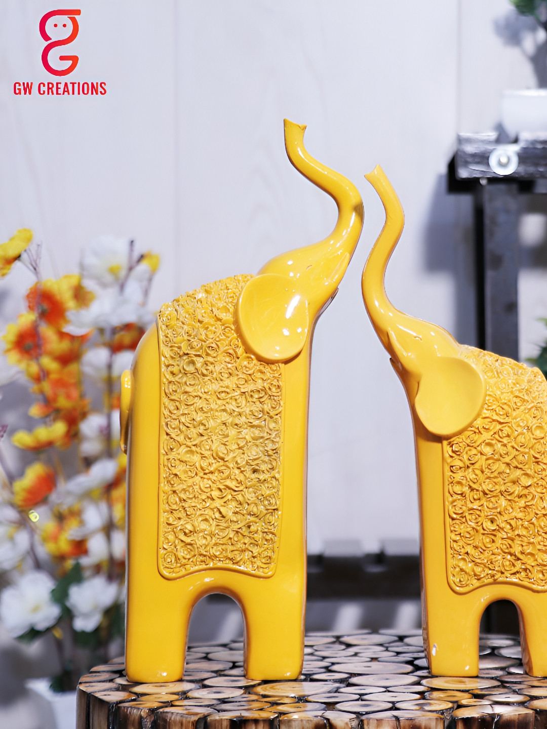 GW CREATIONS Yellow Polyresin Glossy Living Room Set of 2 Small Showpieces - 4.7 Inches