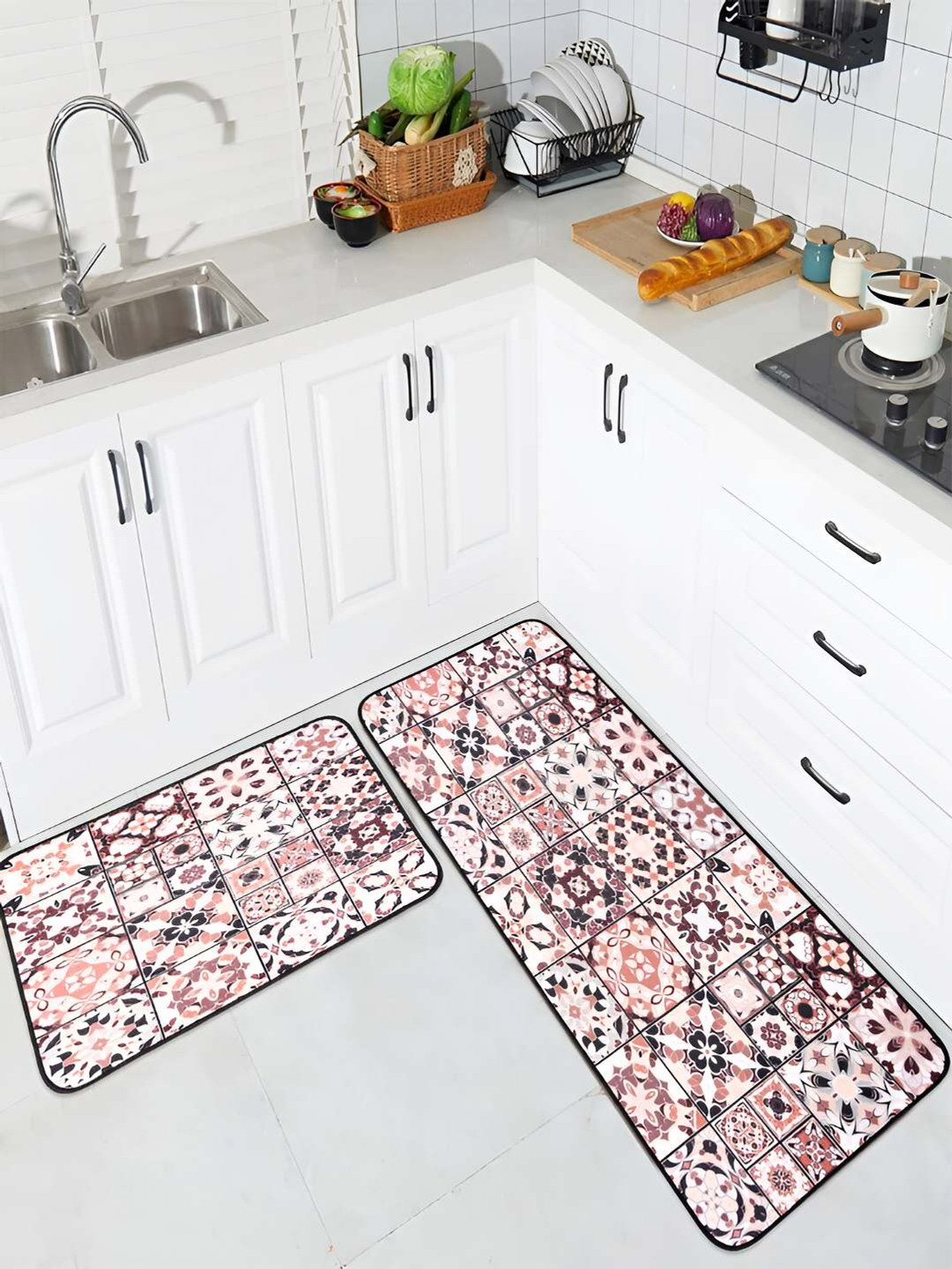 Kuber Industries 2 Pieces Brown Floral Pattern Rectangular Anti-Skid Kitchen Mats