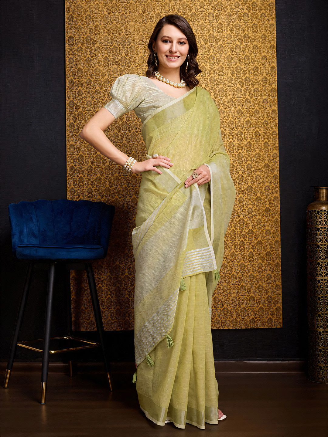 Anouk Green and silver-toned Woven Design Zari Saree