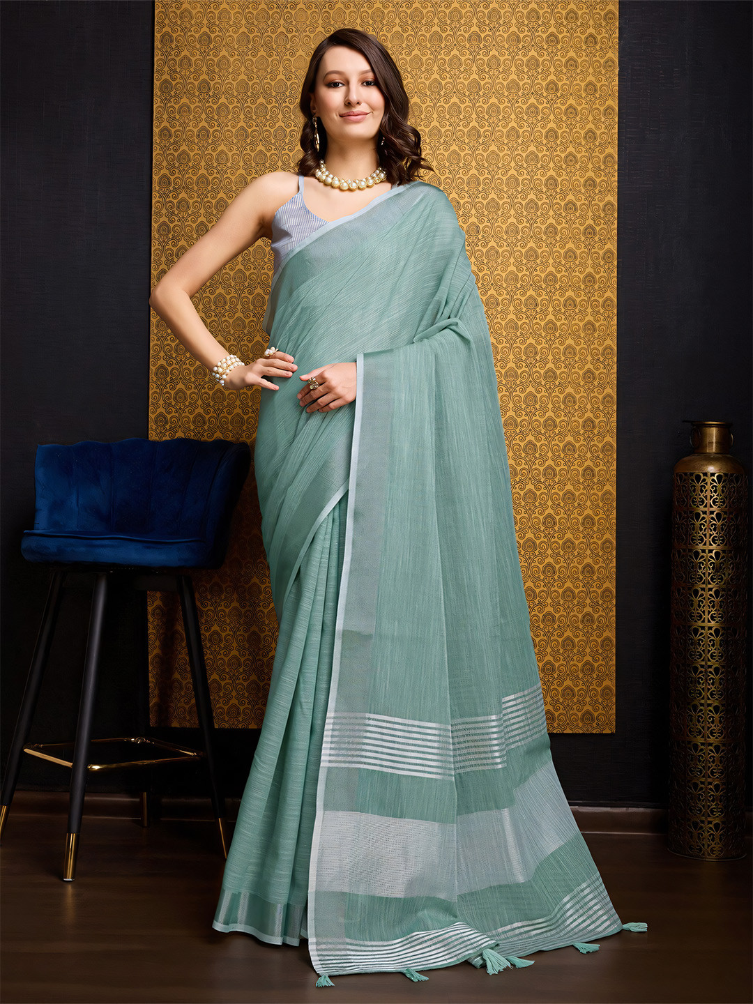 Anouk Green and silver-toned Woven Design Zari Saree