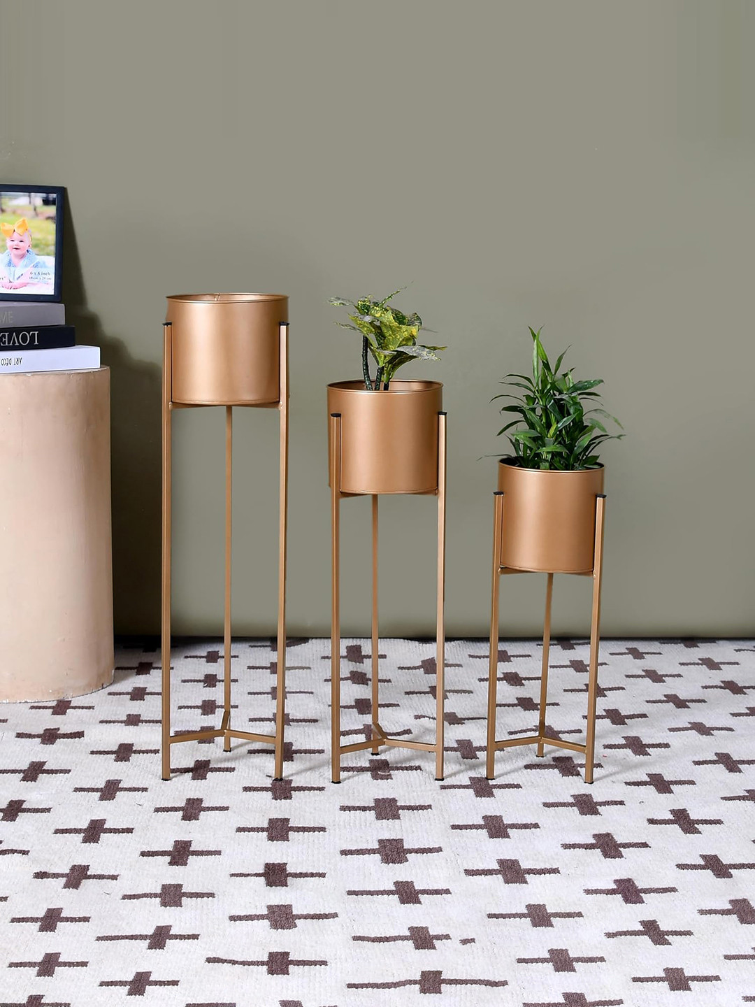Kuber Industries Metallic Toned 3 Pieces Metal Planter with Stand