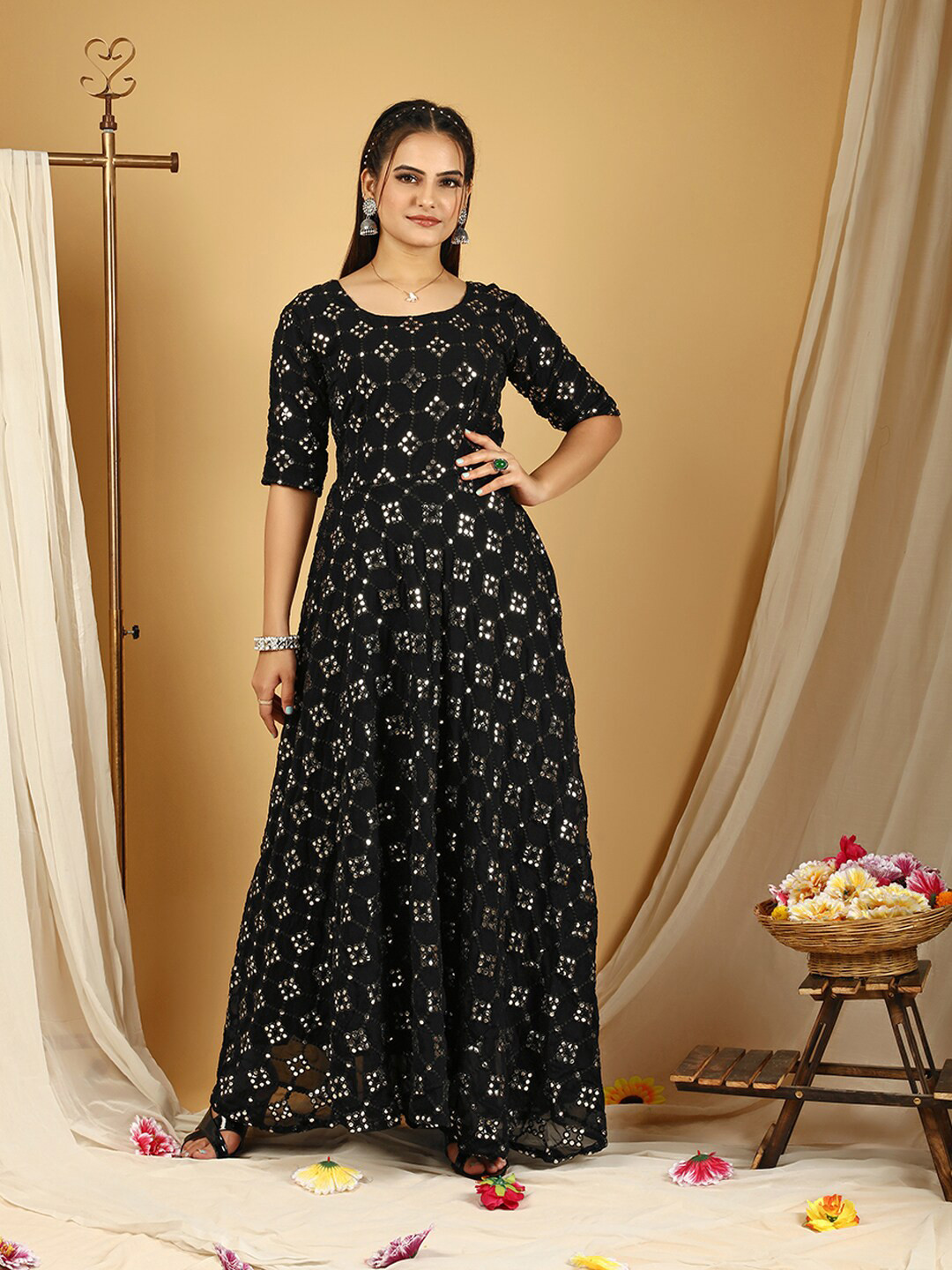 KALINI Floral Print Georgette Maxi Casual Dress