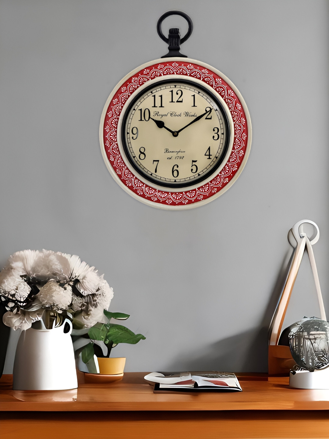 Aura Red & Gold Toned Textured Round Traditional Wall Clock