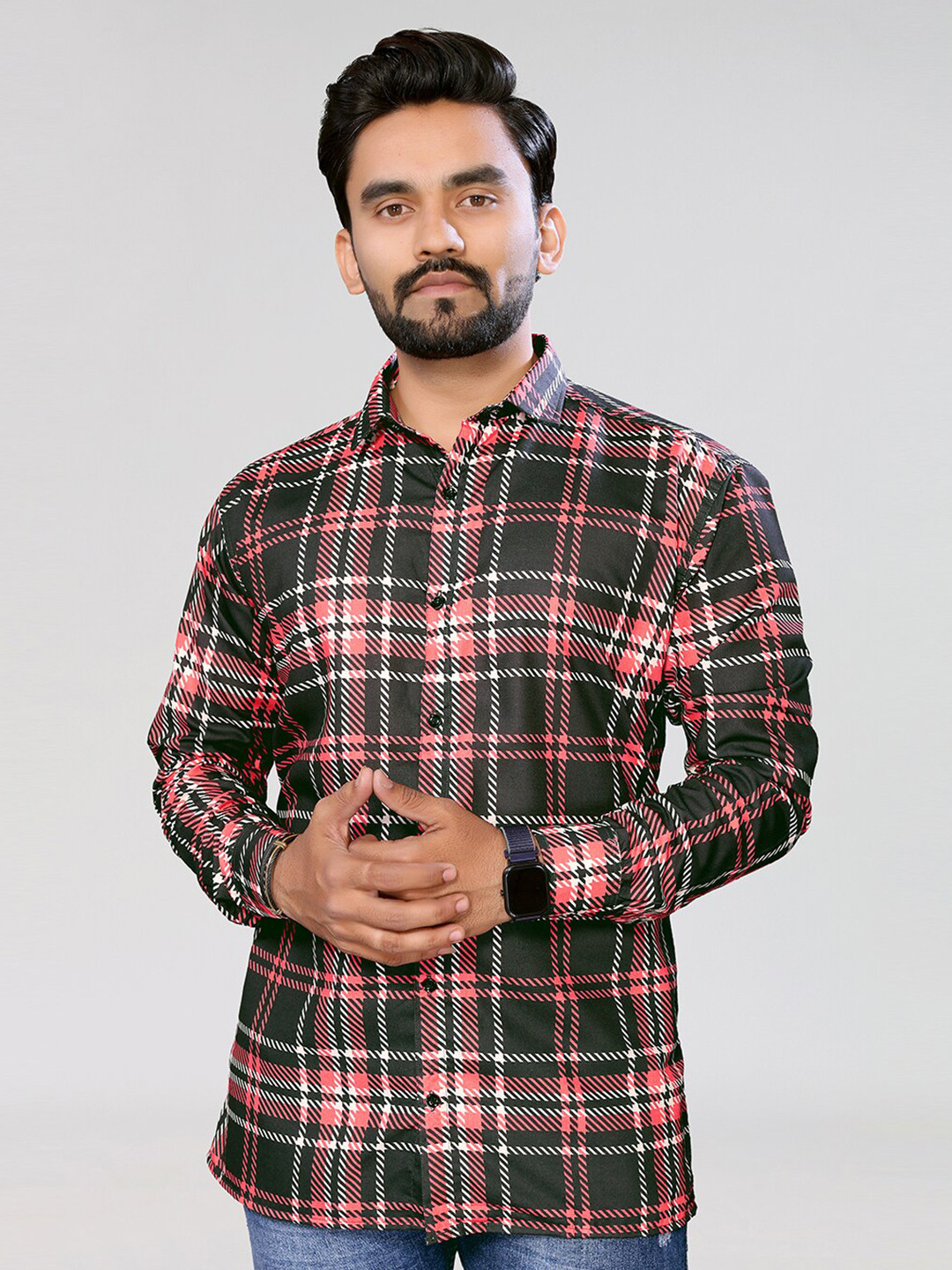 HARPITA Relaxed Shepherd Checked Spread Collar Long Sleeves Cotton Shirt