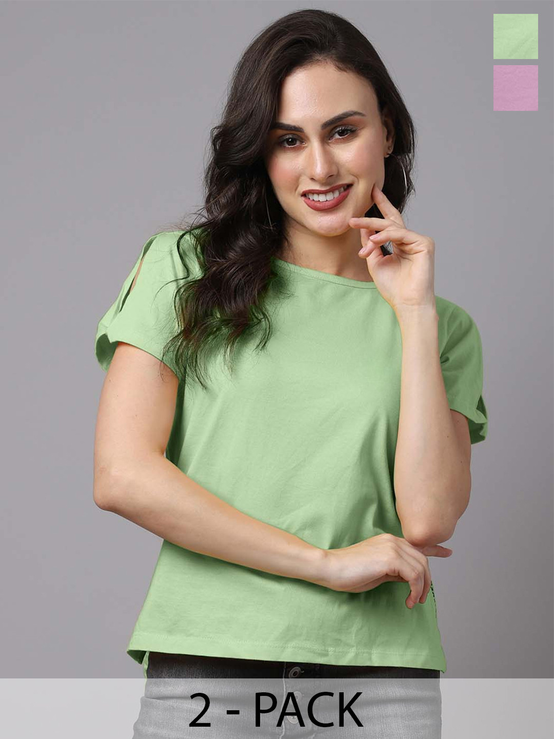 Friskers Pack Of 2 Slit Sleeves Round Neck Pure Cotton Top