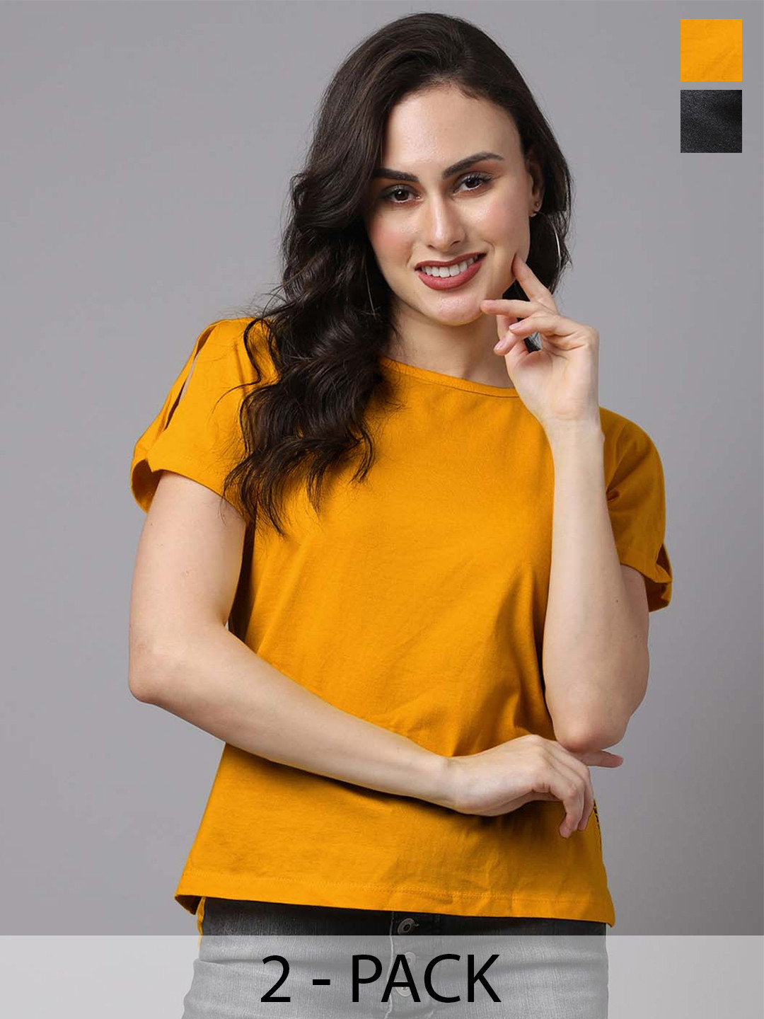 Friskers Pack Of 2 Cold-Shoulder Sleeves Cotton Tops