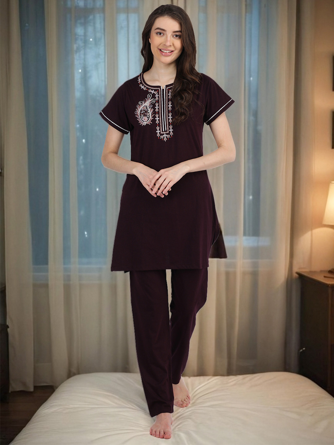 Duchess Ethnic Motifs Embroidered Cotton Night Suit