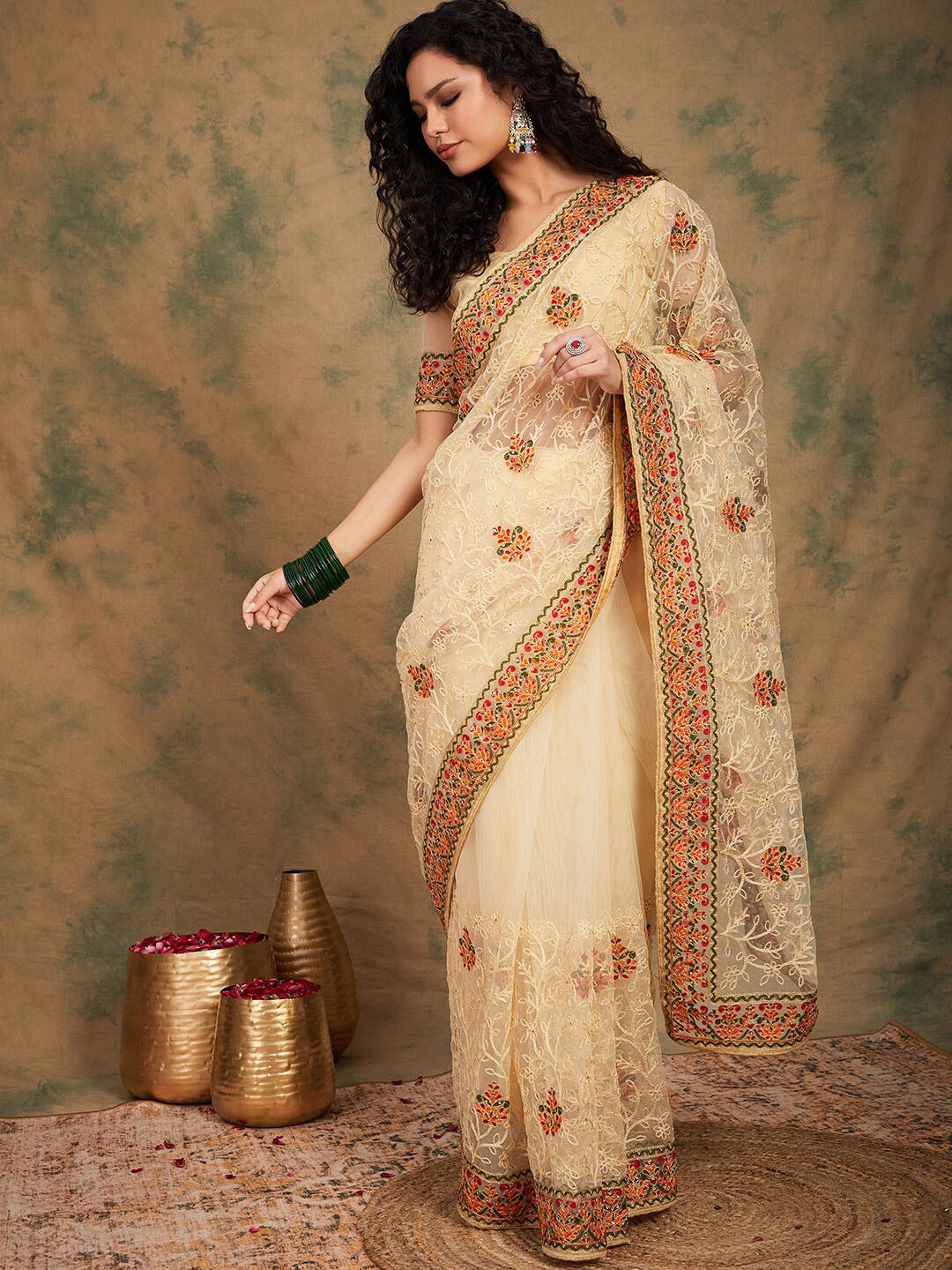 Ishin Camel Brown Floral Embroidered Net Saree