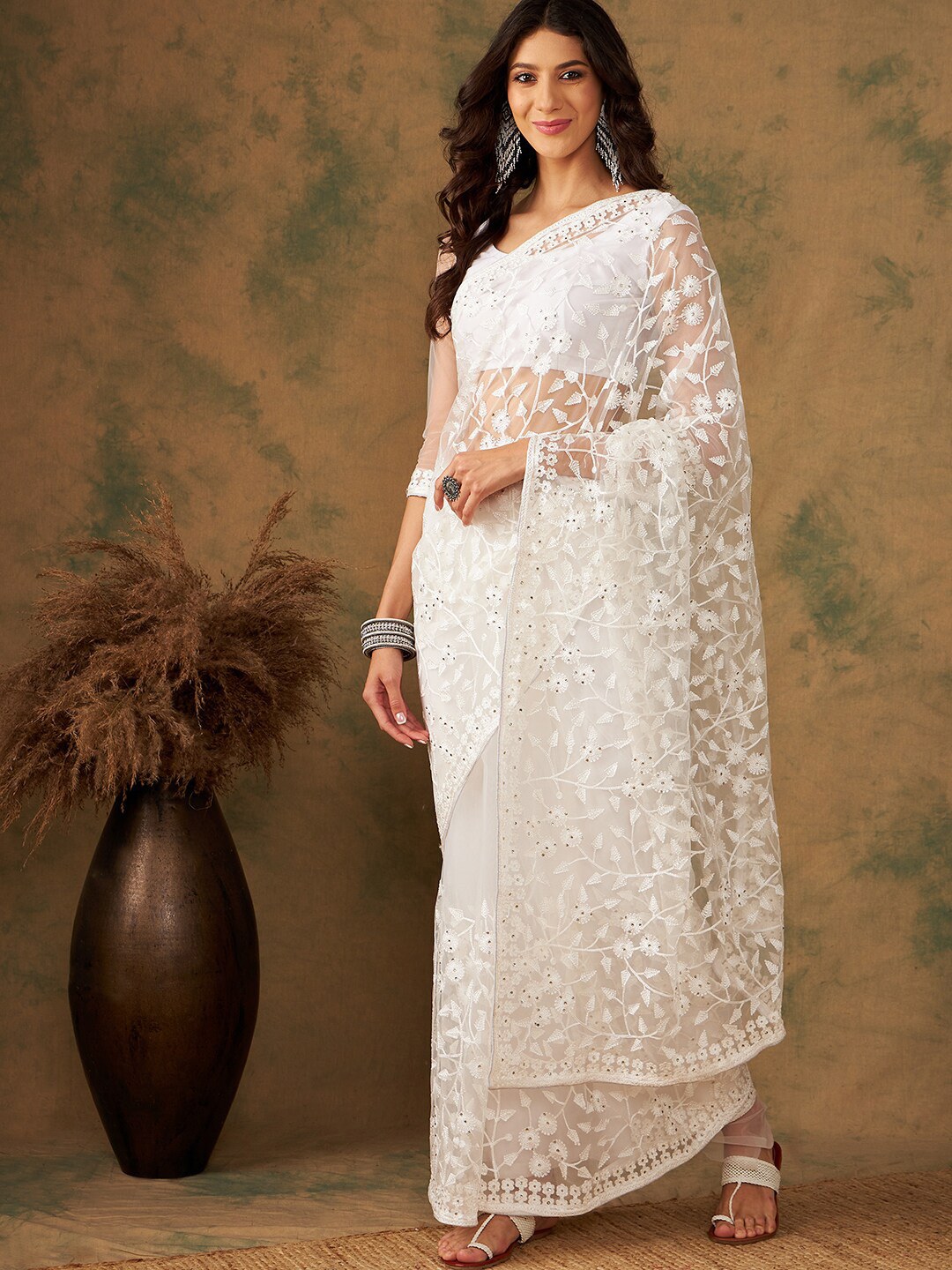 Ishin White Floral Embroidered Net Saree