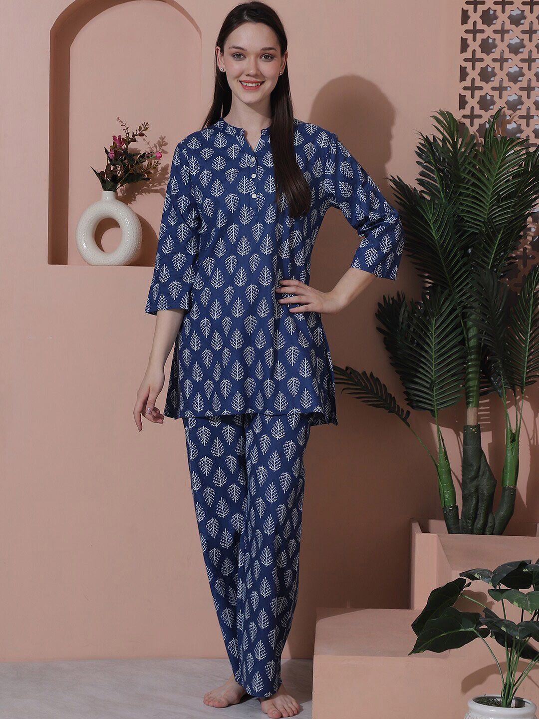 Indreams Printed Pure Cotton Kurti With Pyjamas