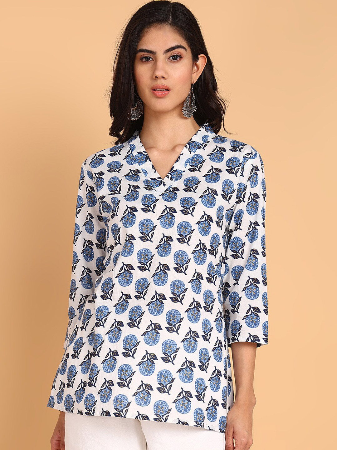 BLOCKS OF INDIA Floral Printed V-Neck Three-Quarter Sleeves Pure Cotton Kurti
