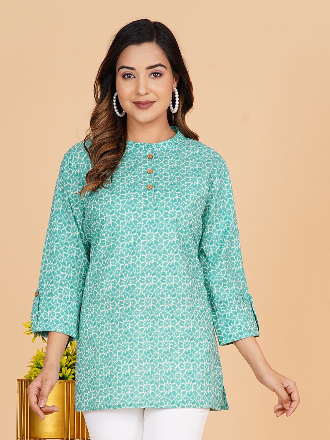 BLOCKS OF INDIA Abstract Printed Mandarin Collar Three-Quarter Sleeves Pure Cotton Kurti