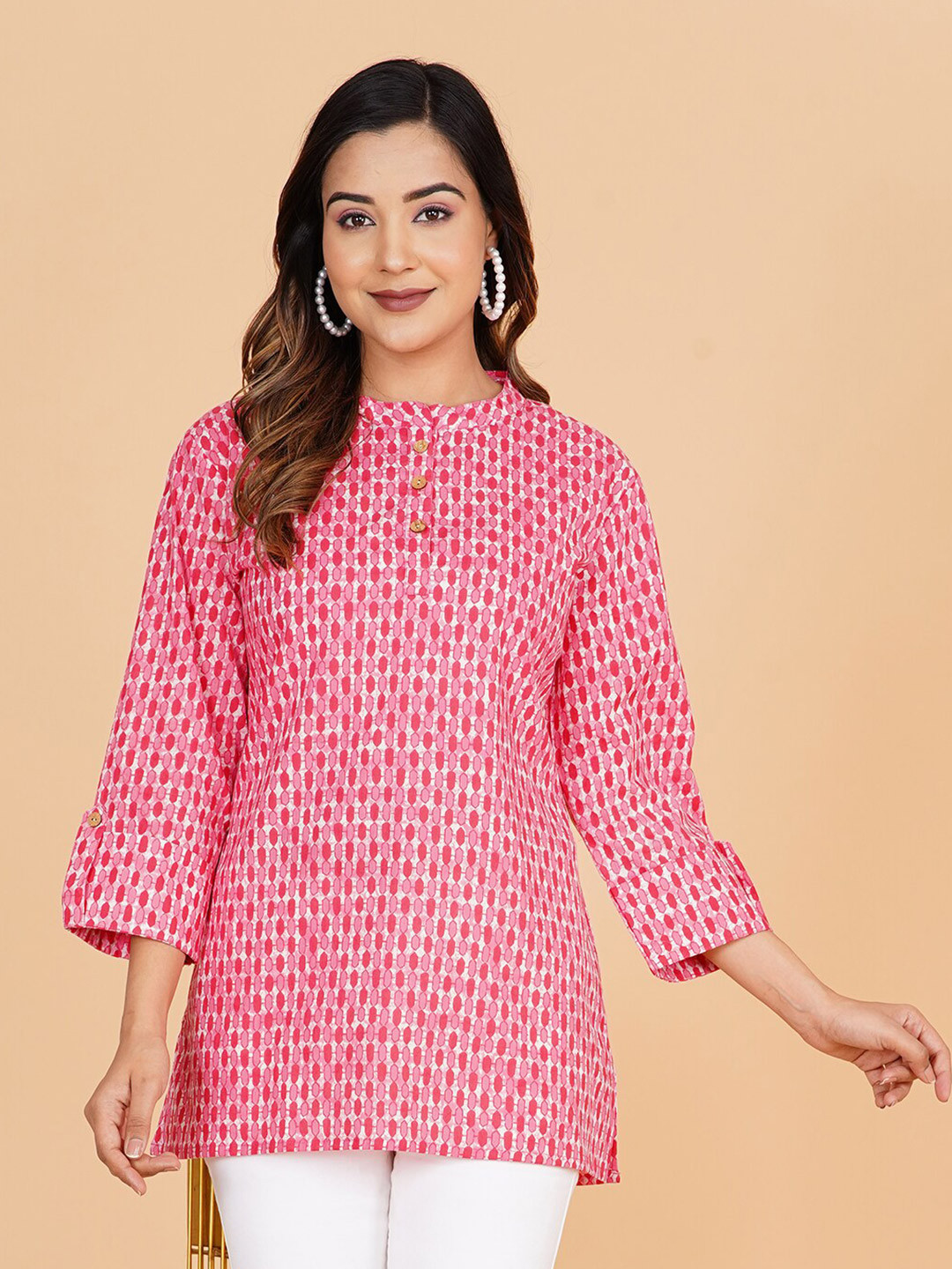 BLOCKS OF INDIA Geometric Printed Puff Sleeves Pure Cotton Straight Kurti