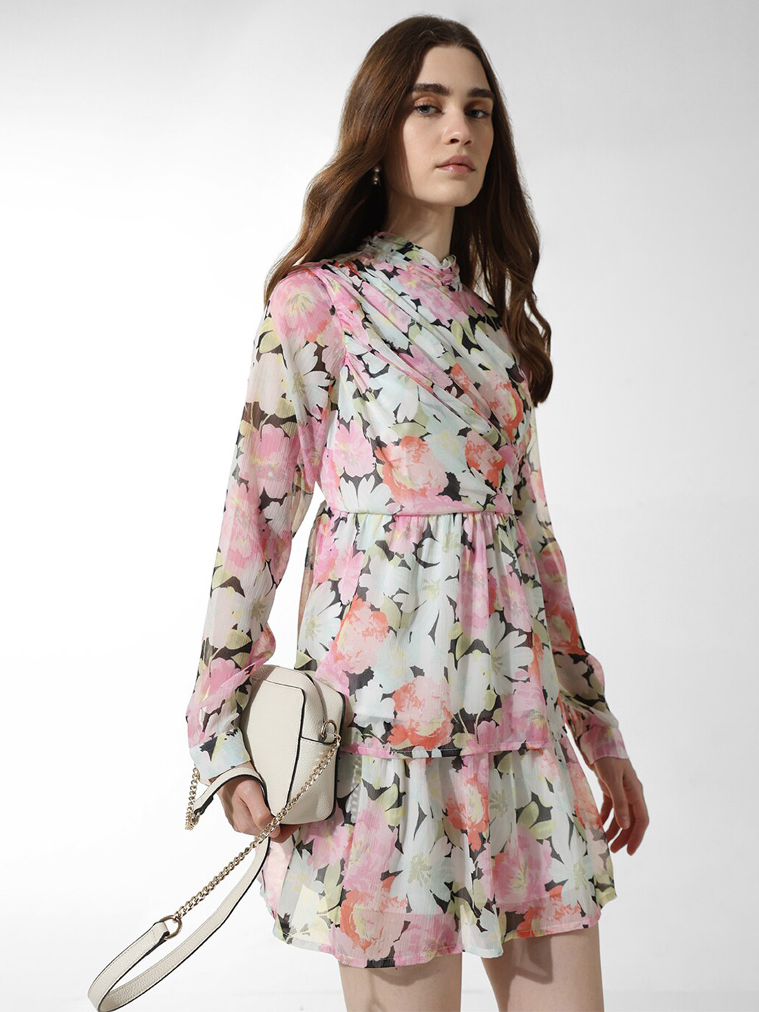 ONLY ONLPROMISE TERRY LS Floral Printed Cuffed Sleeves Gathered A-Line Dress