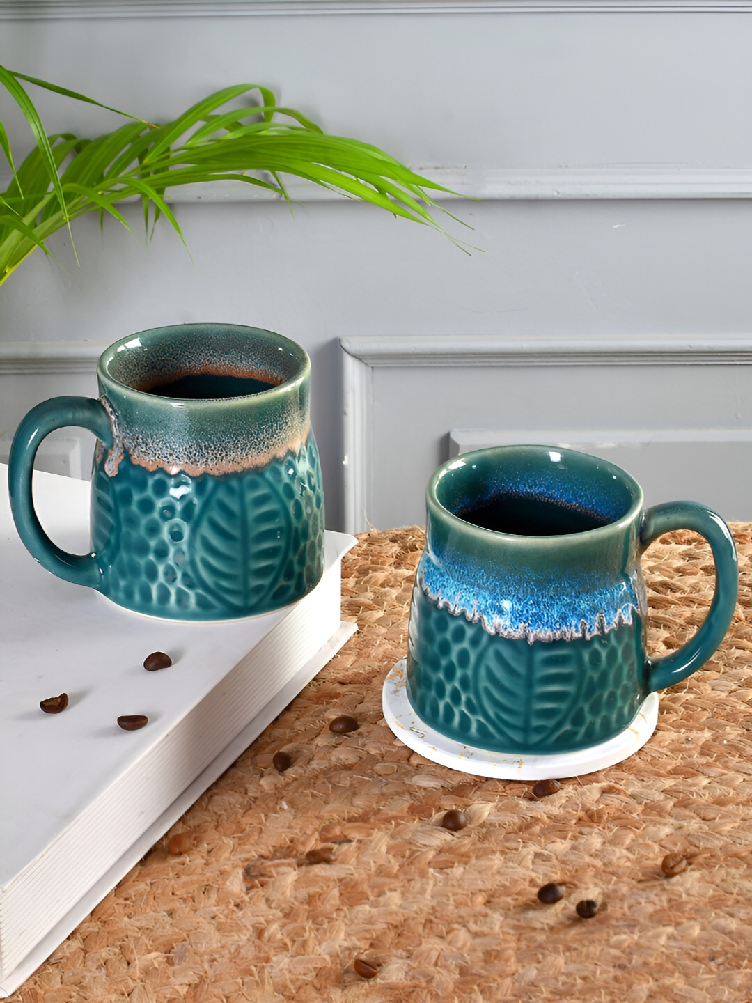 Aura Niltavas Delight Turquoise Blue Leaf Ceramic Handmade 2 Piece Mugs-200ml