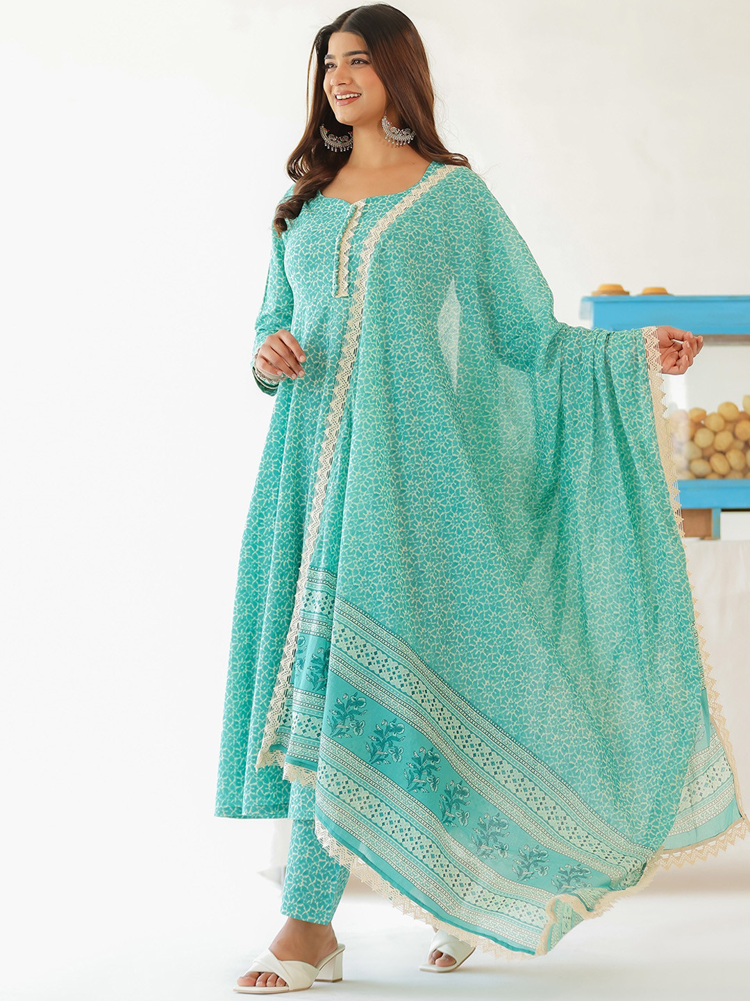 PINK CACTII Printed Empire Pure Cotton Kurta with Trousers & Dupatta