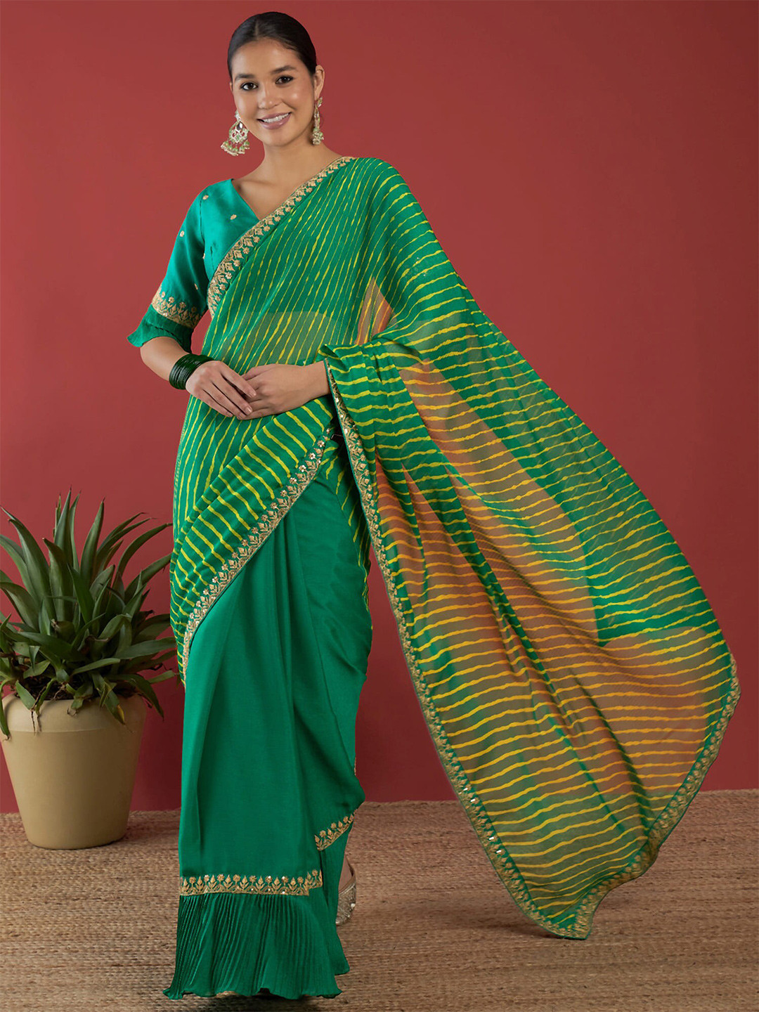 Anouk Green Leheriya Embroidered Pure Chiffon Half and Half Leheriya Saree
