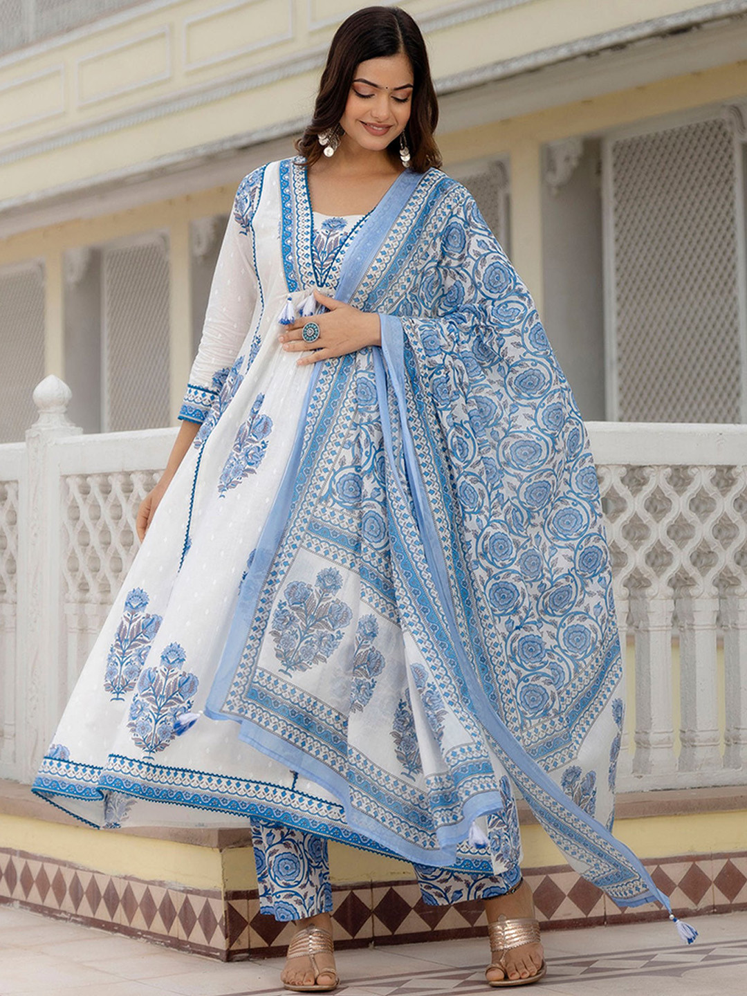 PARTHVI Square Neck Floral Printed Anarkali Kurta with Palazzo & Dupatta