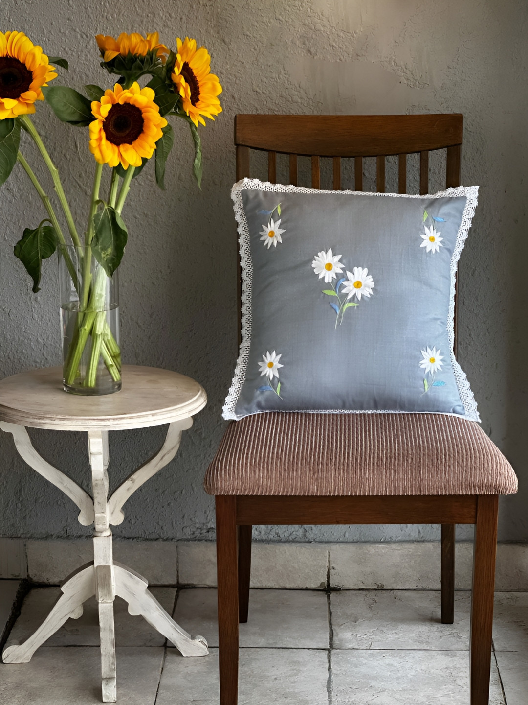 BandBox Daises Bloom Floral Jute Cotton Durable Embroidered Cushion Covers - 16 x 16 In