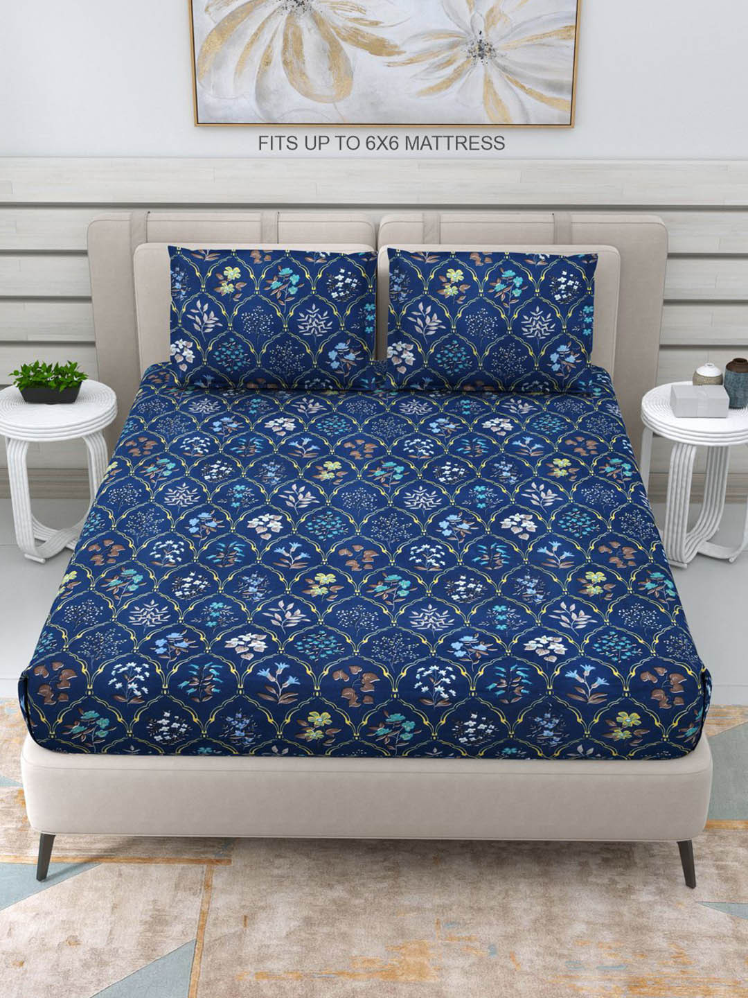 DREAM WEAVERZ Blue Floral Cotton 220 TC Queen Fine Bedsheet Set-93 x 100 inches