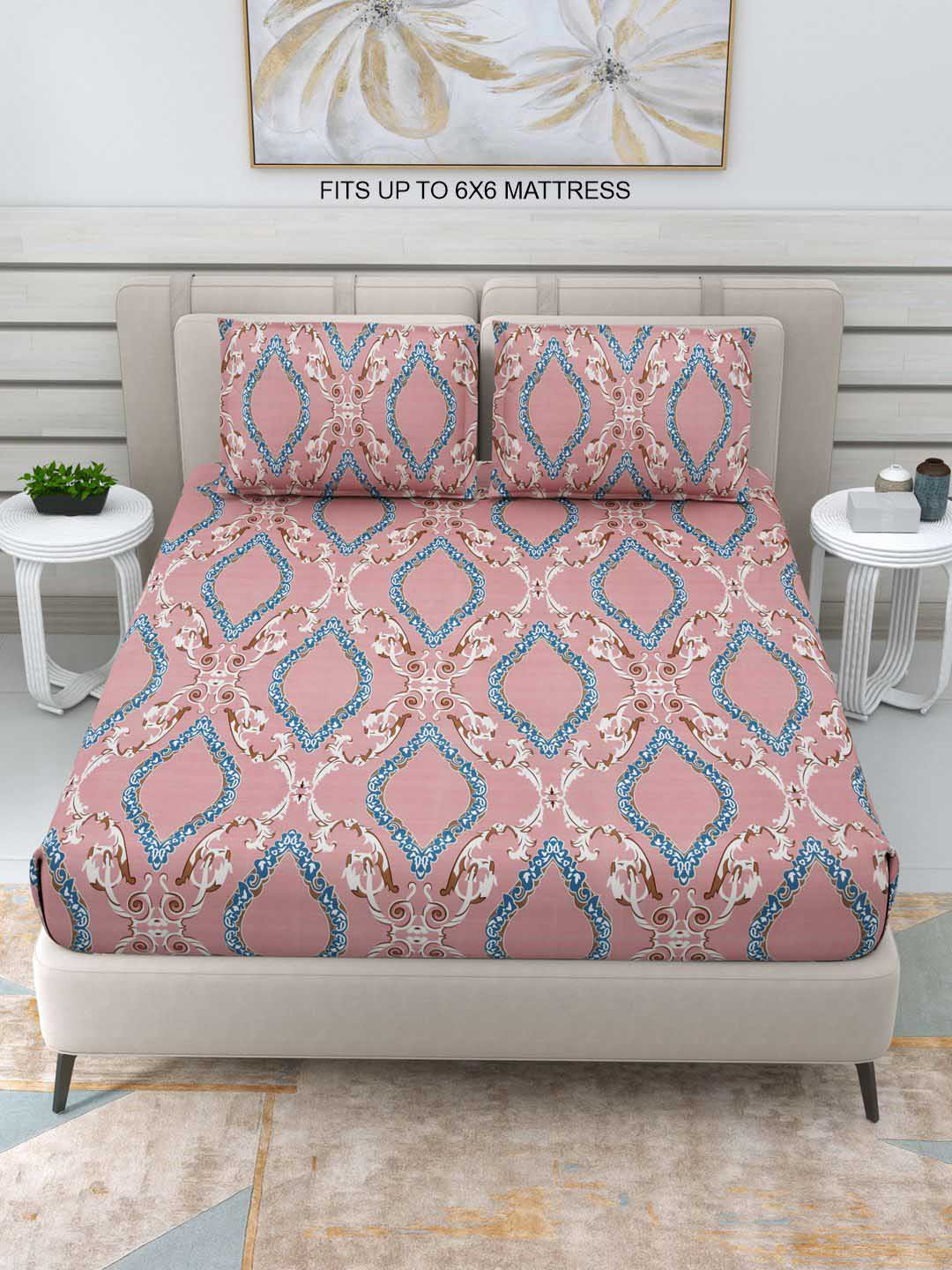 DREAM WEAVERZ Mansion Pink Geometric Cotton 220 TC Queen Fine Bedsheet with 2 Pillow Covers-250 x 235 cm