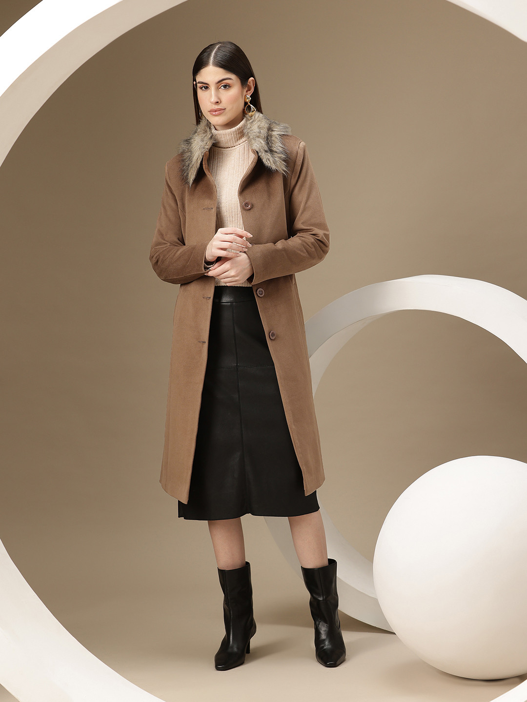 Chemistry Faux Fur Trim Spread Collar Longline Overcoat