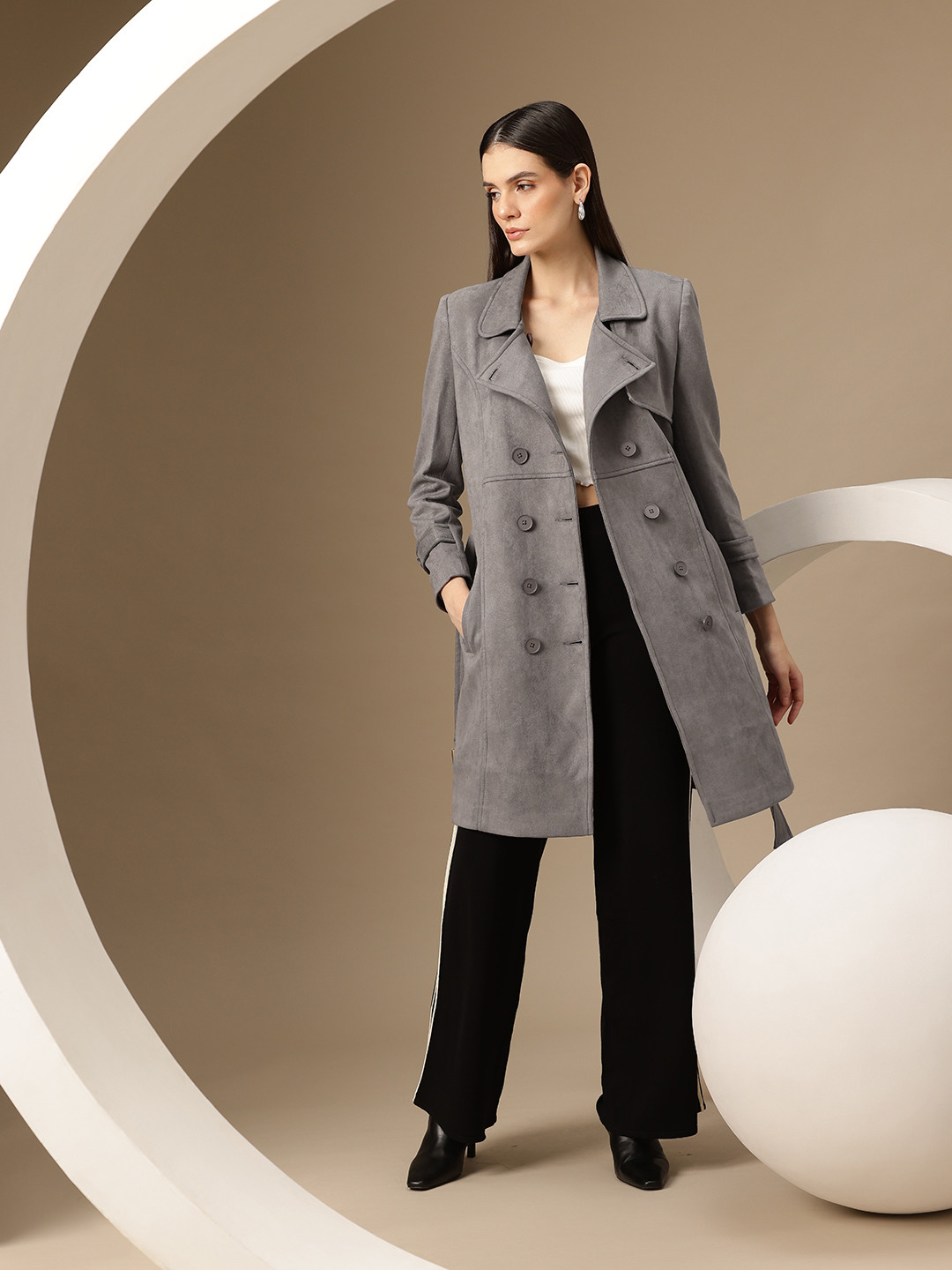 Chemistry Suede Finish Notched Lapel Collar Overcoat