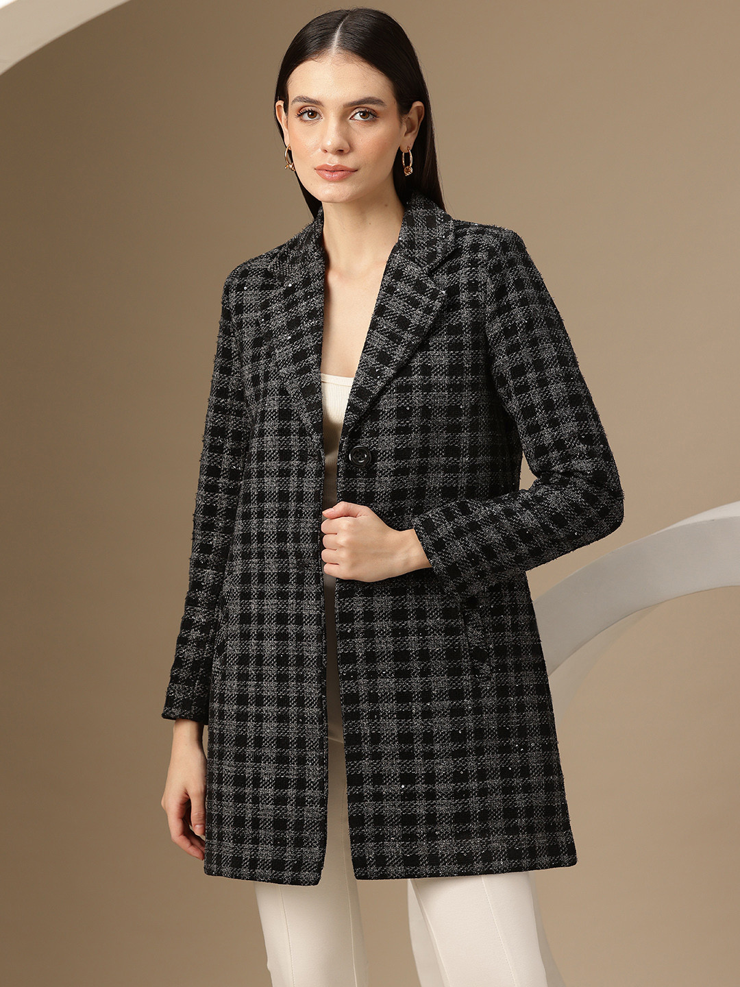 Chemistry Single-Breasted Checked Shimmer Detailed Longline Overcoat