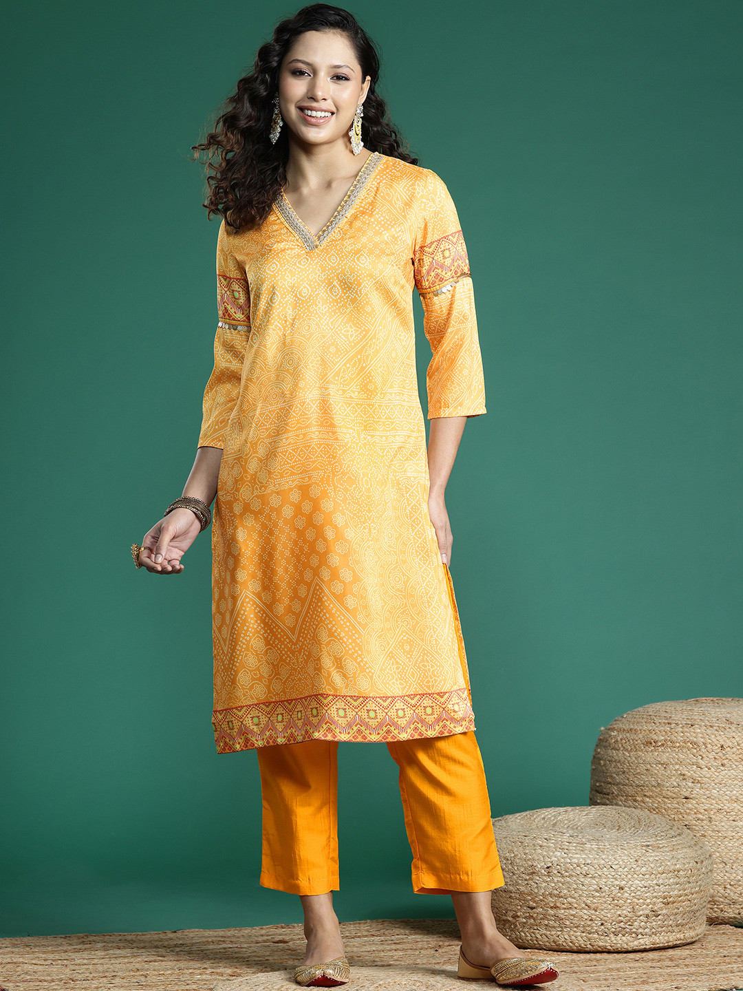 Sangria Bandhani Print Mirror Work Kurta with Trousers