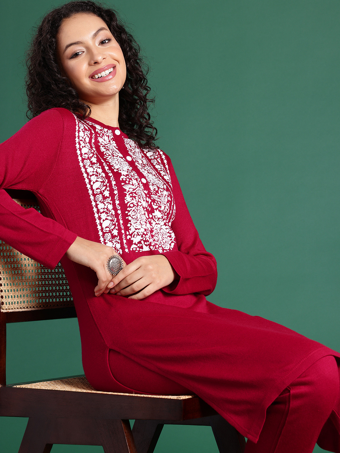 Sangria Band Collar Indie Floral Printed Straight Acrylic Kurta with Trousers