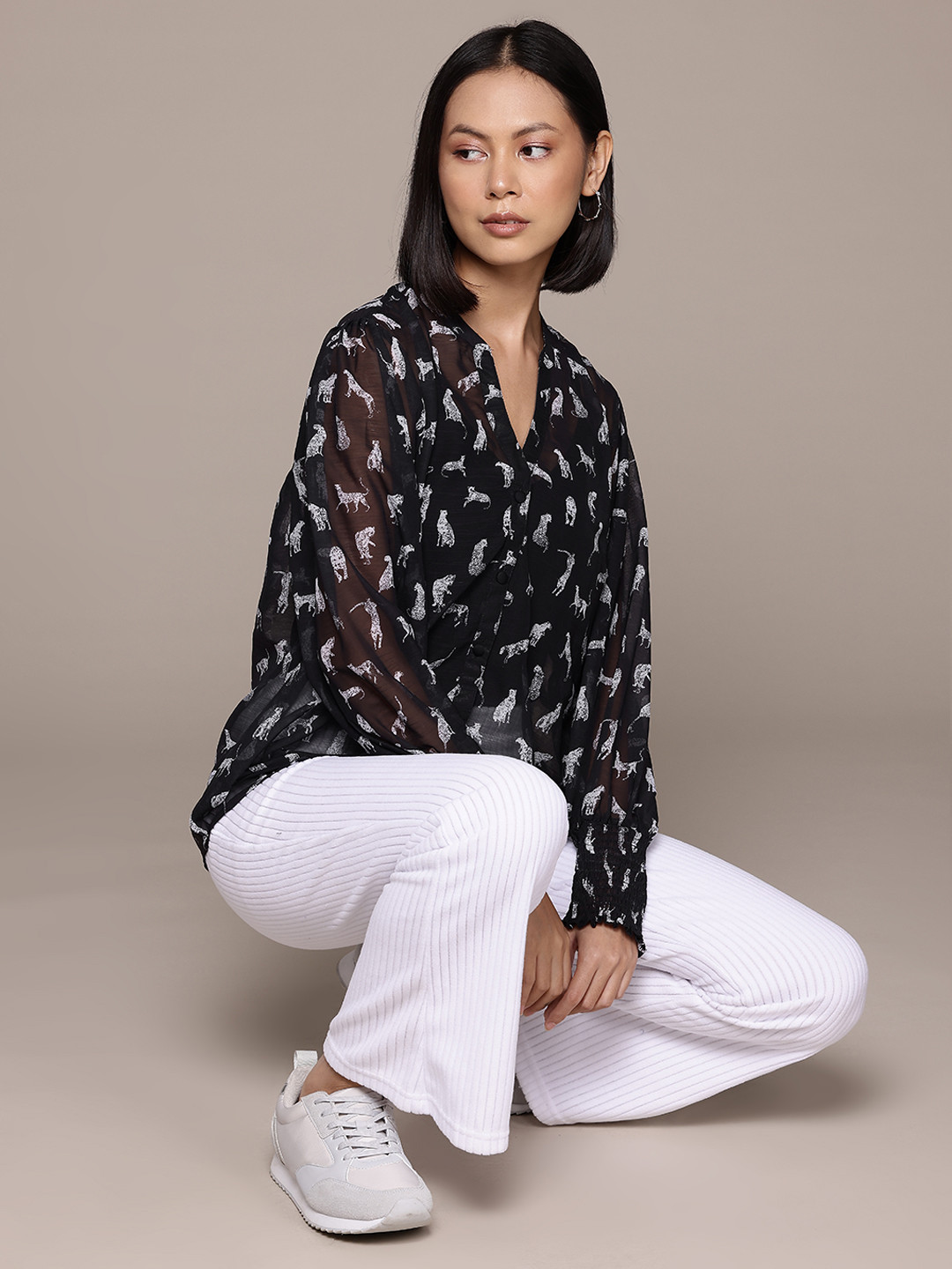 The Roadster Lifestyle Co. Mandarin Collar Sheer Smocking Sleeves Top