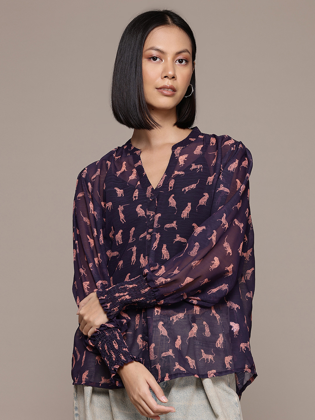 The Roadster Lifestyle Co. Mandarin Collar Sheer Smocking Sleeves Top