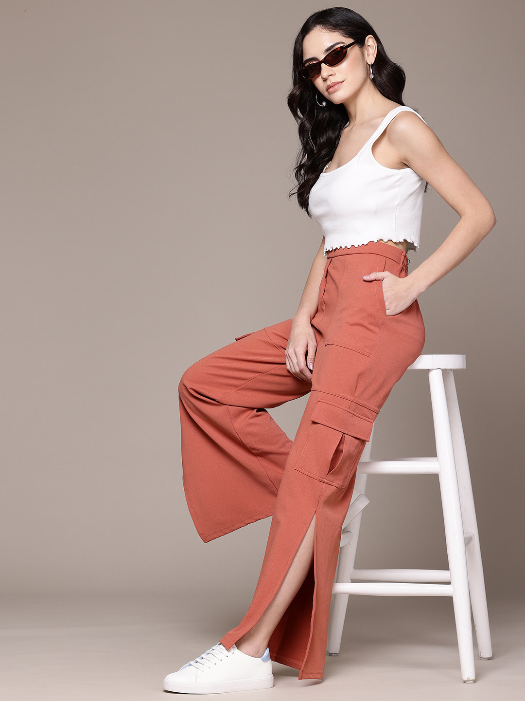 The Roadster Lifestyle Co. Women Side-Slits High-Rise Bootcut Cargo Style Trousers