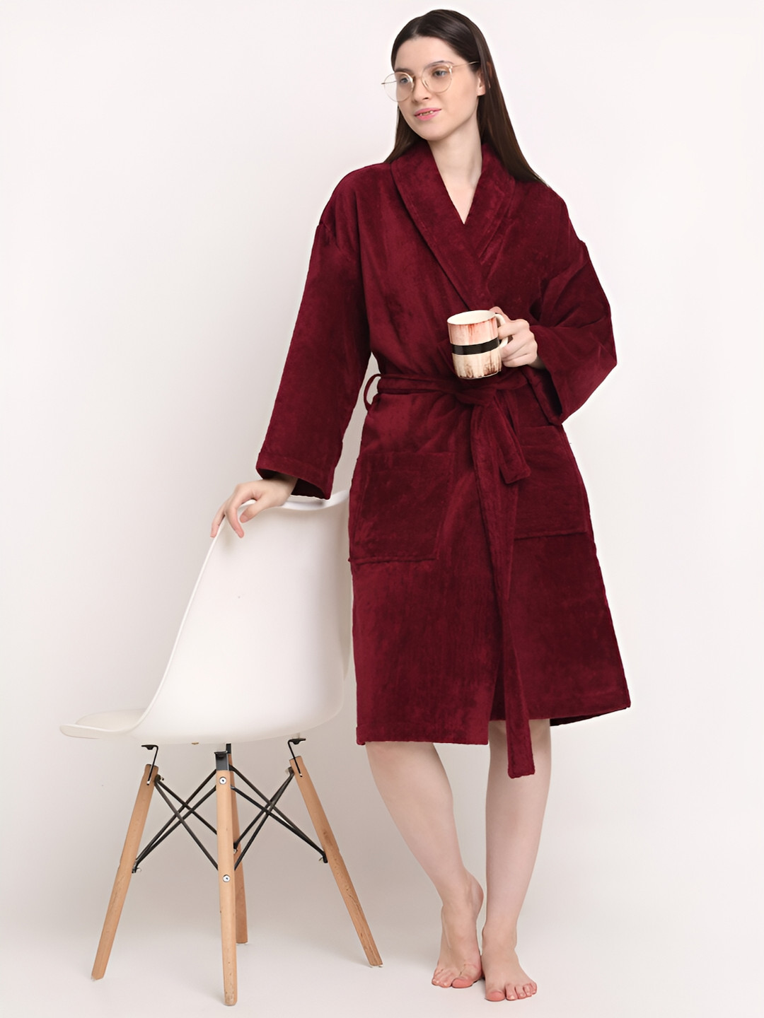 Creeva 380 GSM Violet Solid Cotton Drawstring Knee Length Bath Robe-S