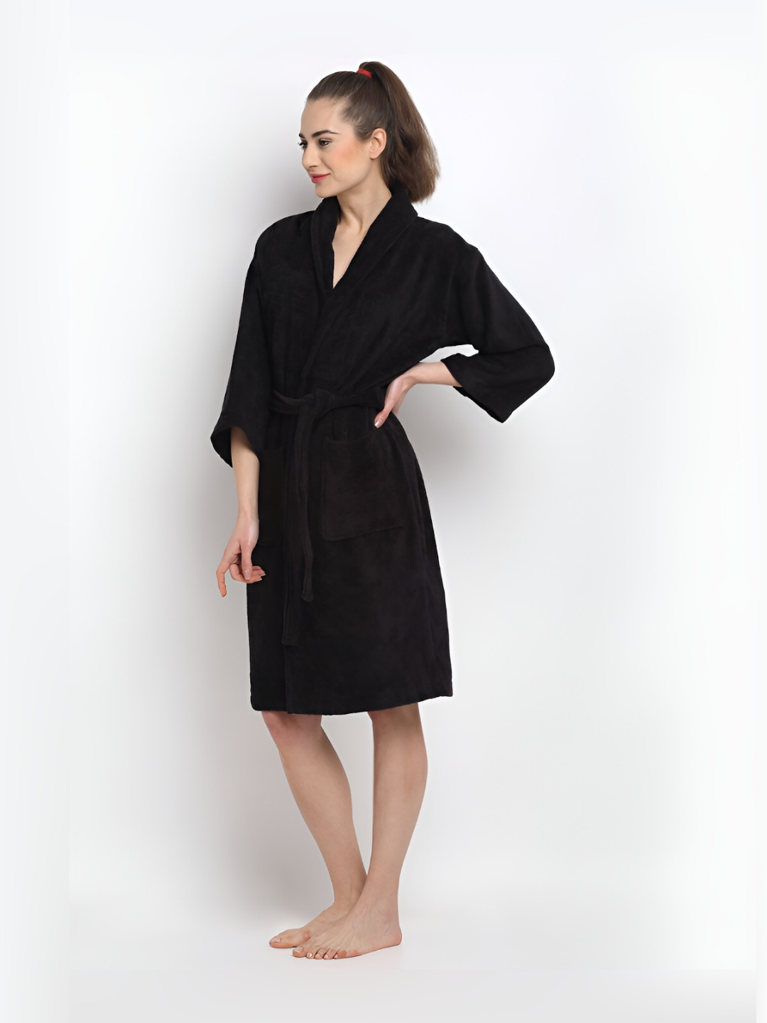 Creeva 380 GSM Black Solid Cotton Drawstring Knee Length Bath Robe-M