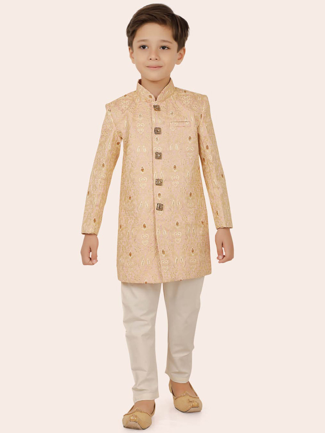 Ethniks Neu-Ron Boys Floral Embroidered Band Collar Silk Chiffon Straight Kurta & Pyjama
