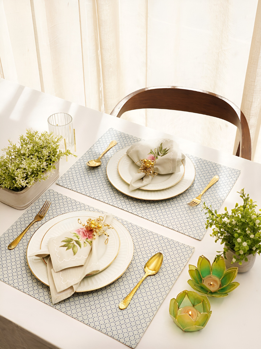 Pure Home and Living 2-pcs Off-white & Blue Geometric Cotton Table Placemats