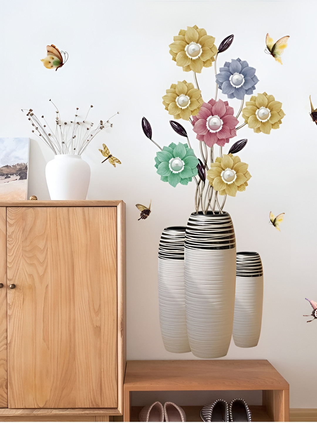 Jaamso Royals Yellow & Blue Flower Vase Printed Self-Adhesive Removable Wall Sticker