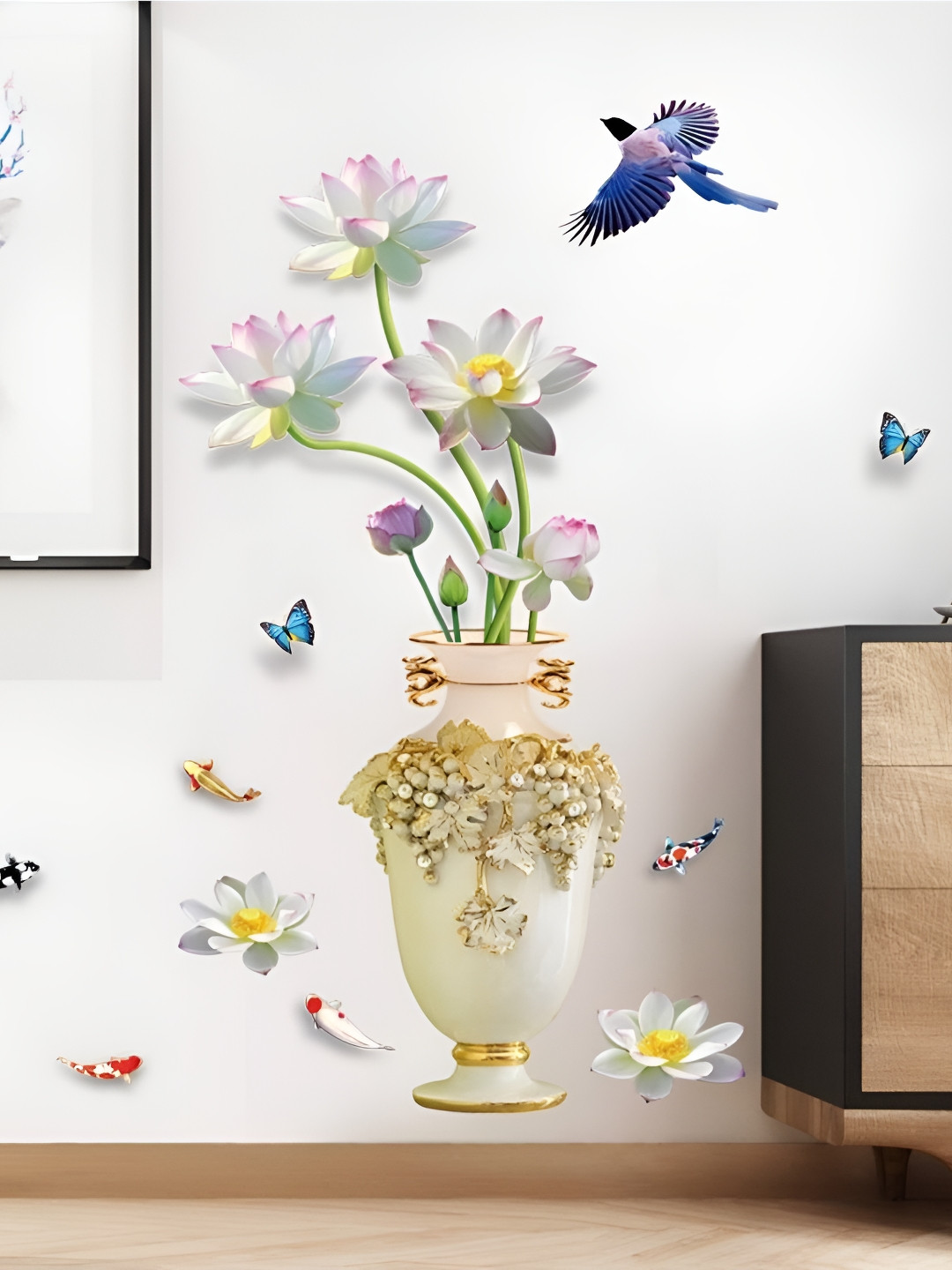 Jaamso Royals Beige & Pink Lotus 3D Vase Printed Self-Adhesive Removable Wall Sticker