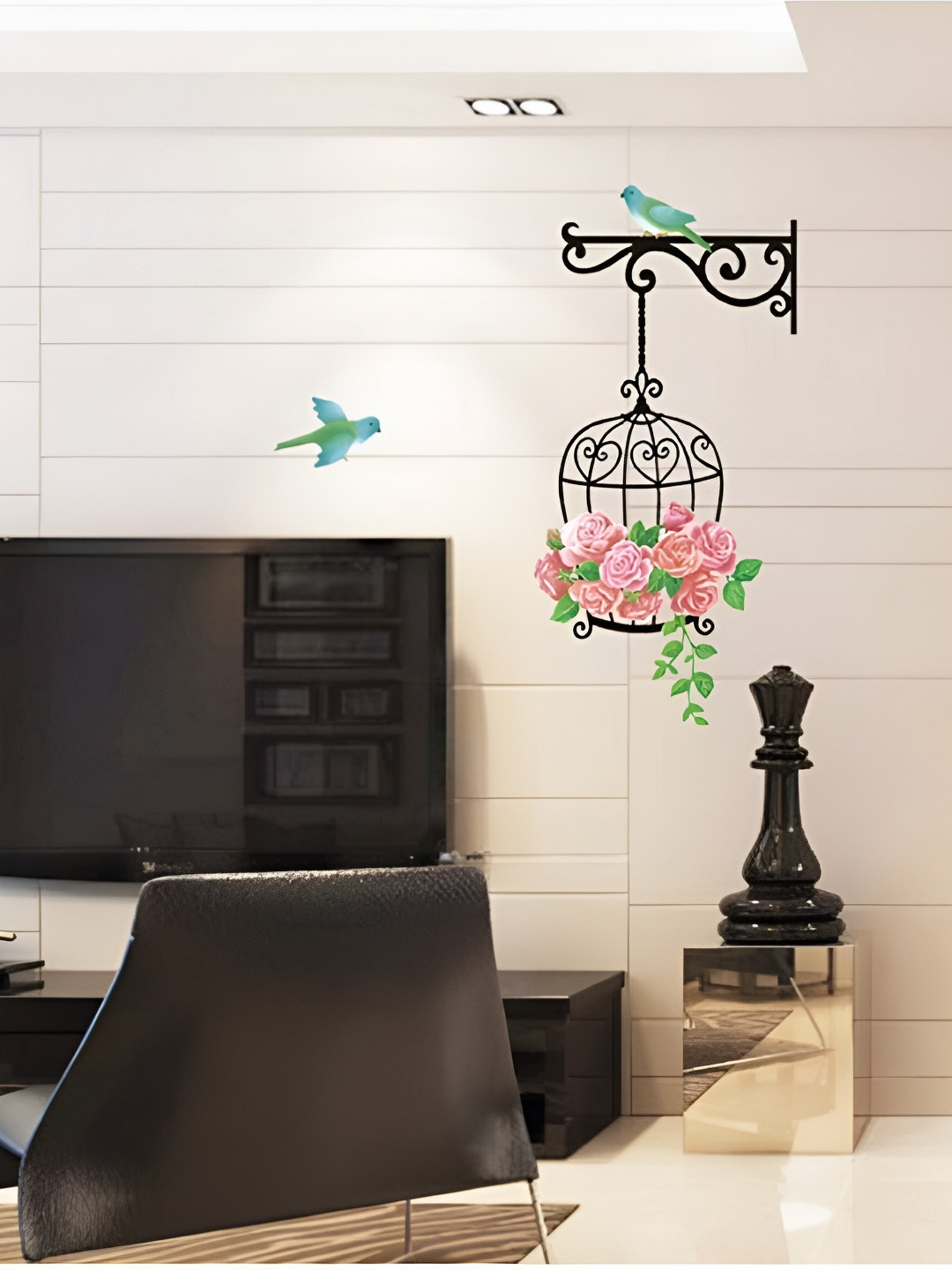 Jaamso Royals Green & Pink Parrot Cage Printed Self-Adhesive Removable Wall Sticker