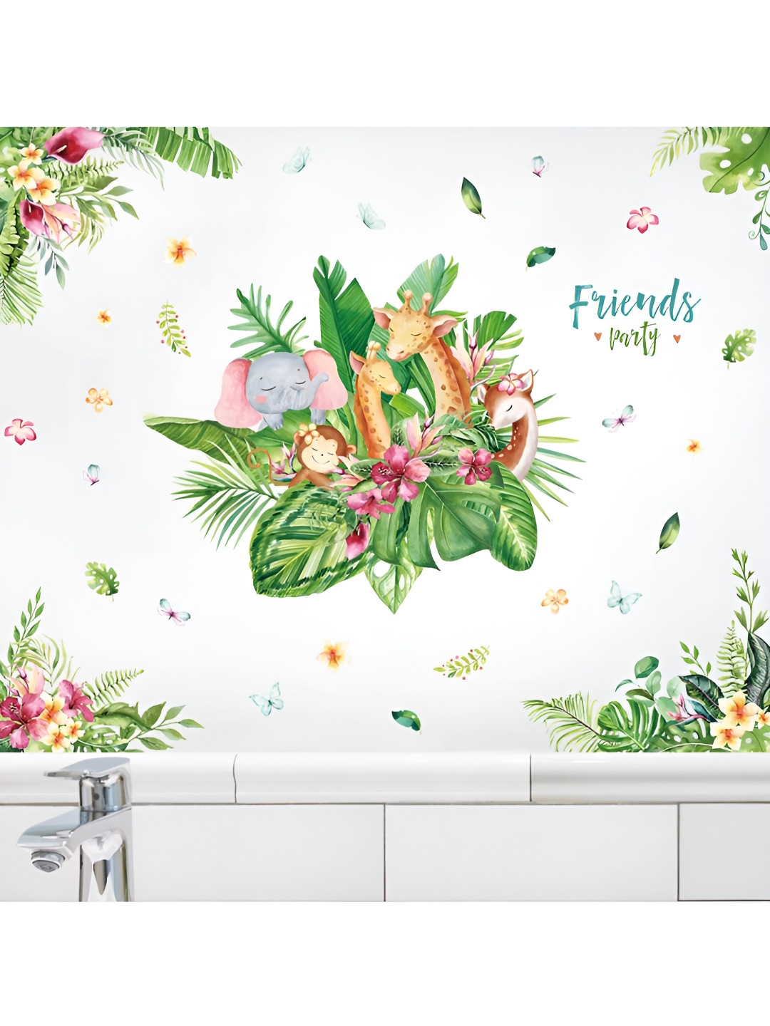 Jaamso Royals Green & White Animals Printed Self-Adhesive Removable Wall Sticker