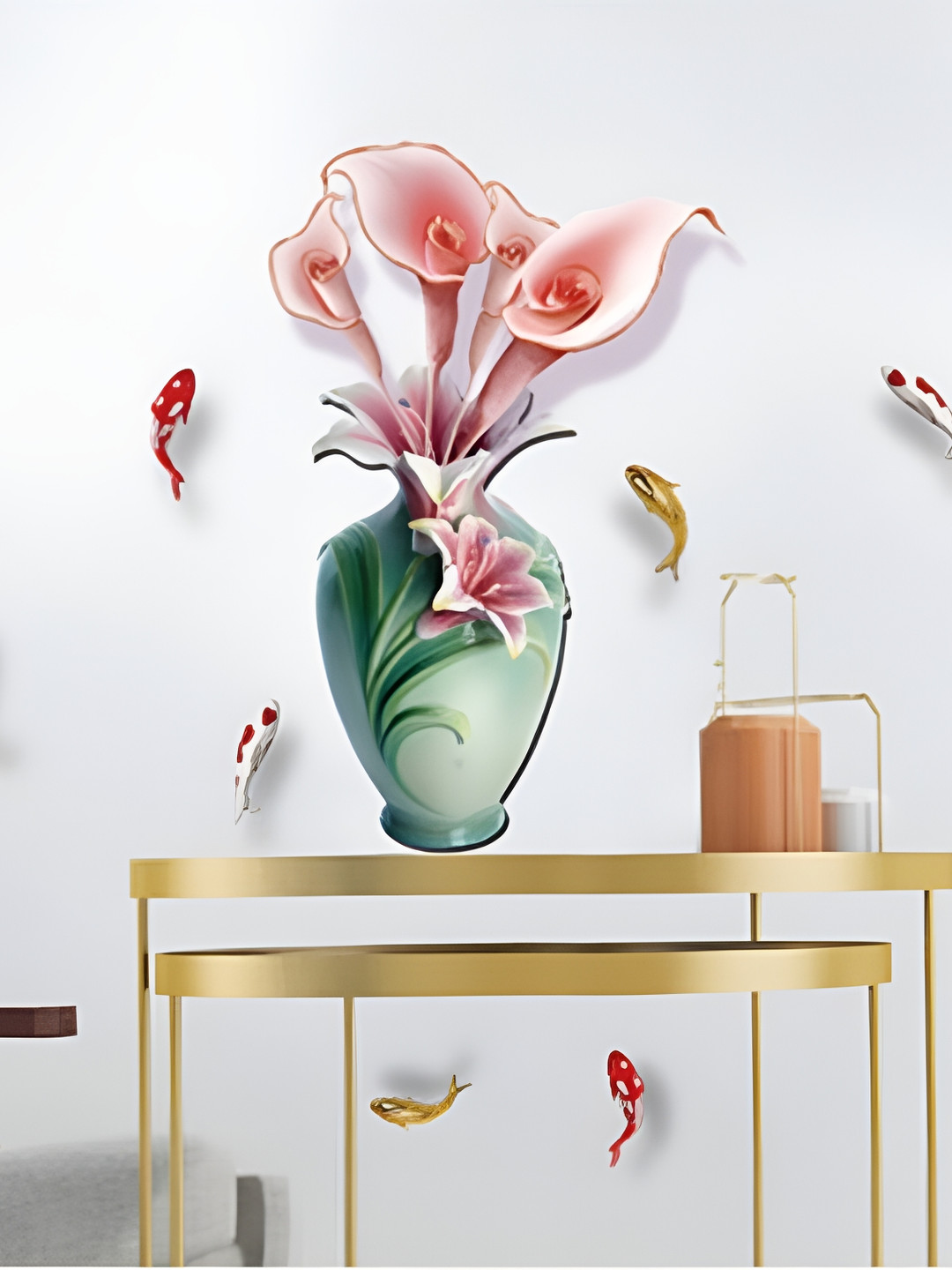 Jaamso Royals Green & Pink Flower Vase Printed Self-Adhesive Removable Wall Sticker