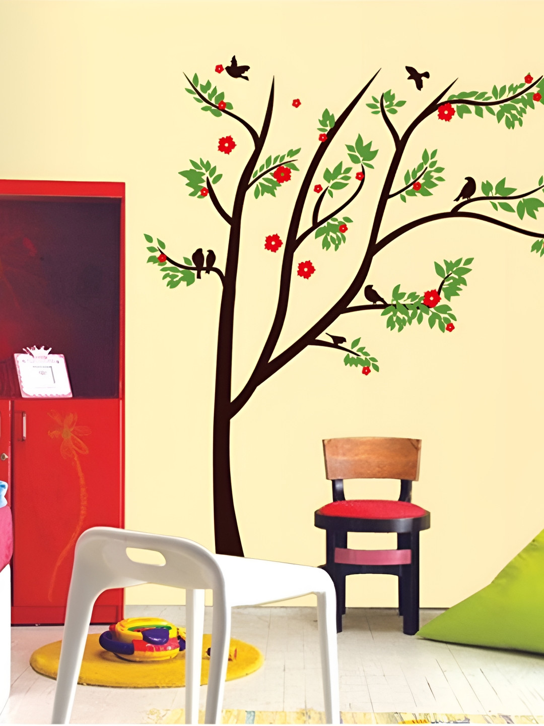 Jaamso Royals Green & Black Tree With Birds Printed Self-Adhesive Removable Wall Sticker