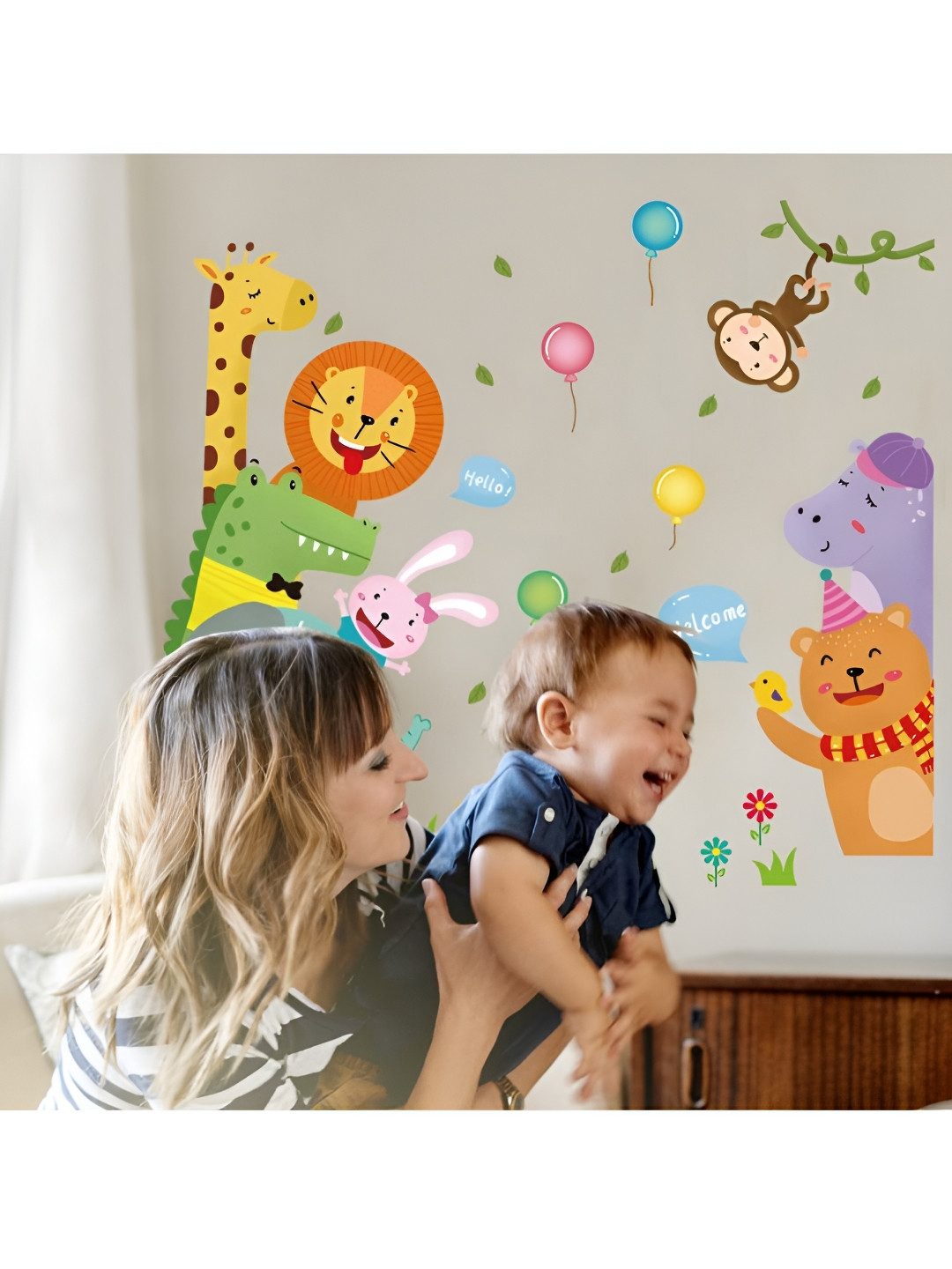 Jaamso Royals Green & Yellow Animals Printed Self-Adhesive Removable Wall Sticker