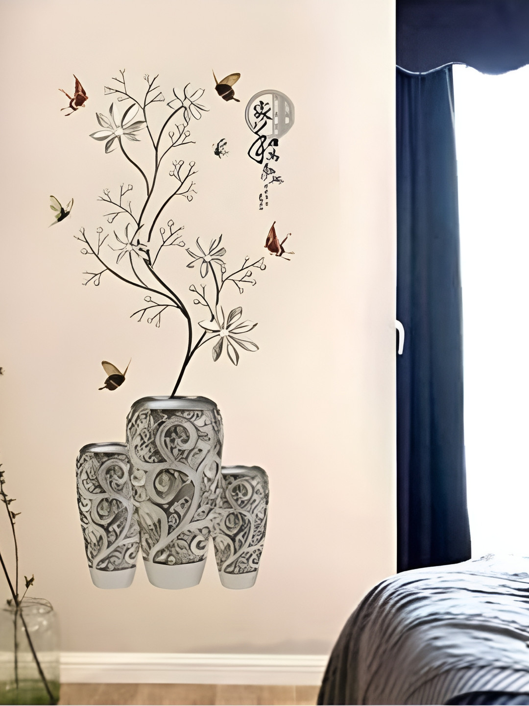 Jaamso Royals Grey & Beige Flower Vase Printed Self-Adhesive Removable Wall Sticker